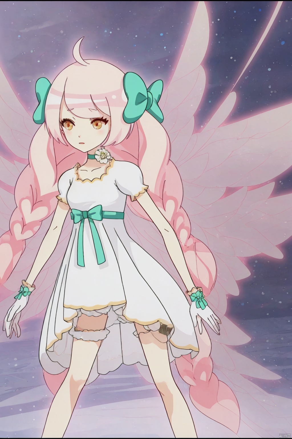 1girl, solo, long hair, gloves, dress, bow, very long hair, yellow eyes, pink hair, braid, ahoge, short sleeves, hair bow, wings, choker, white gloves, white dress, twin braids, green bow, minigirl, fairy wings, fairy