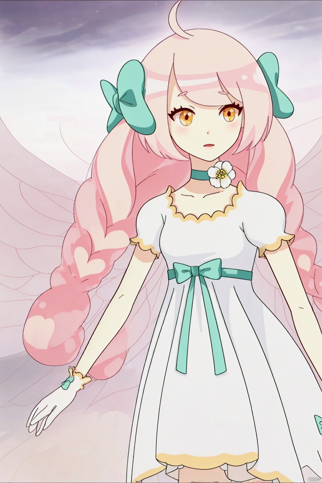 1girl, solo, long hair, gloves, dress, bow, very long hair, yellow eyes, pink hair, braid, ahoge, short sleeves, hair bow, wings, choker, white gloves, white dress, twin braids, green bow, minigirl, fairy wings, fairy, The whole body