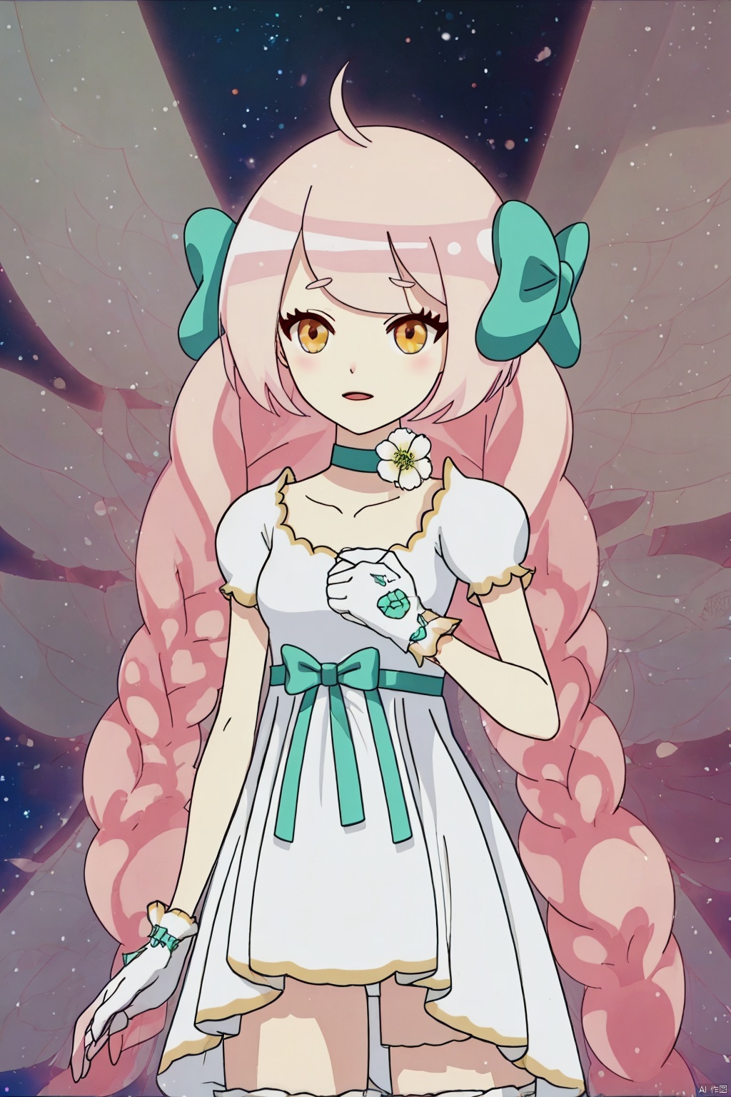1girl, solo, long hair, gloves, dress, bow, very long hair, yellow eyes, pink hair, braid, ahoge, short sleeves, hair bow, wings, choker, white gloves, white dress, twin braids, green bow, minigirl, fairy wings, fairy, The whole body
