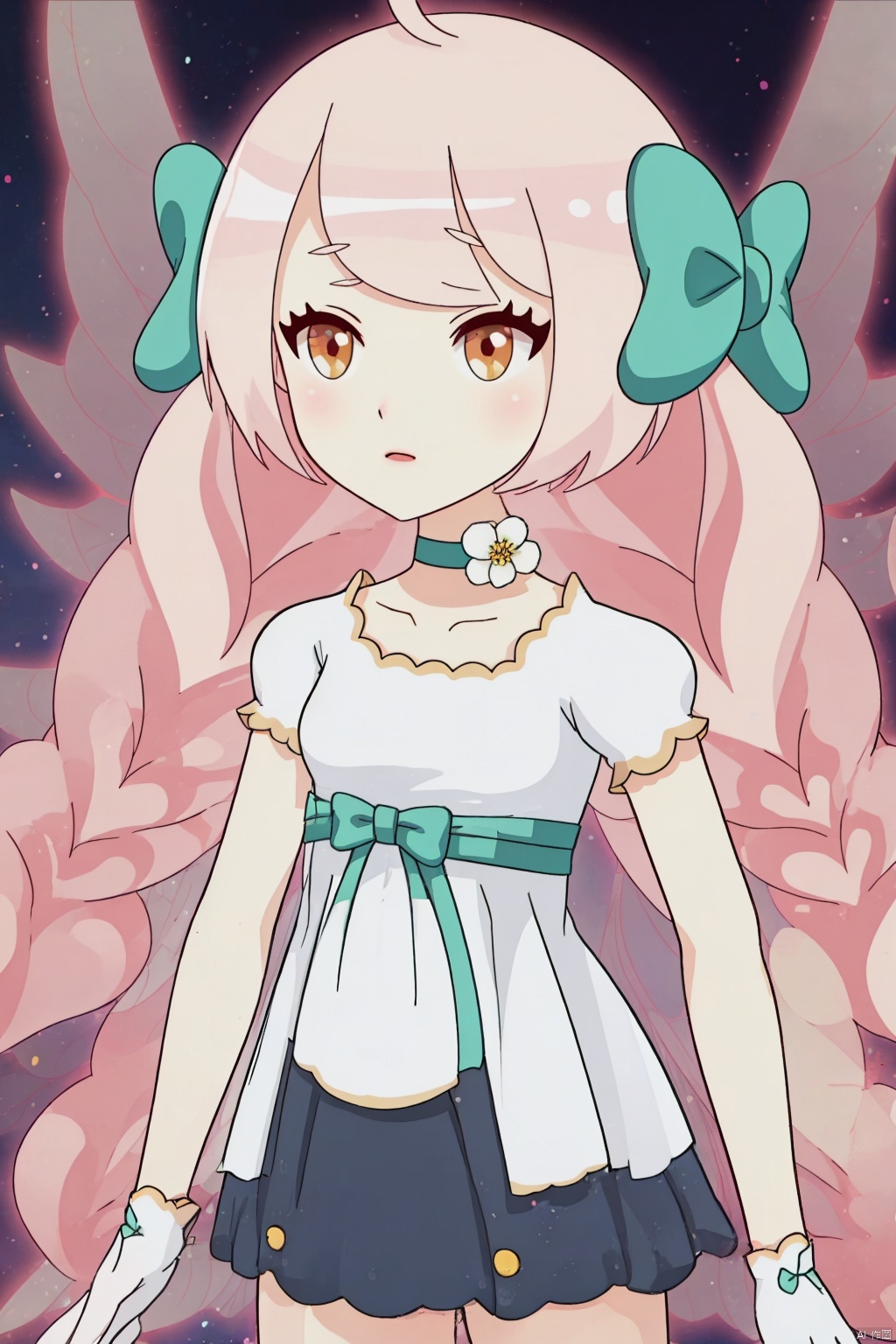 1girl, solo, long hair, gloves, dress, bow, very long hair, yellow eyes, pink hair, braid, ahoge, short sleeves, hair bow, wings, choker, white gloves, white dress, twin braids, green bow, minigirl, fairy wings, fairy, The whole body
