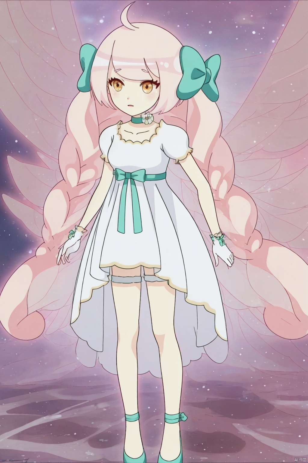 1girl, solo, long hair, gloves, dress, bow, very long hair, yellow eyes, pink hair, braid, ahoge, short sleeves, hair bow, wings, choker, white gloves, white dress, twin braids, green bow, minigirl, fairy wings, fairy, The whole body