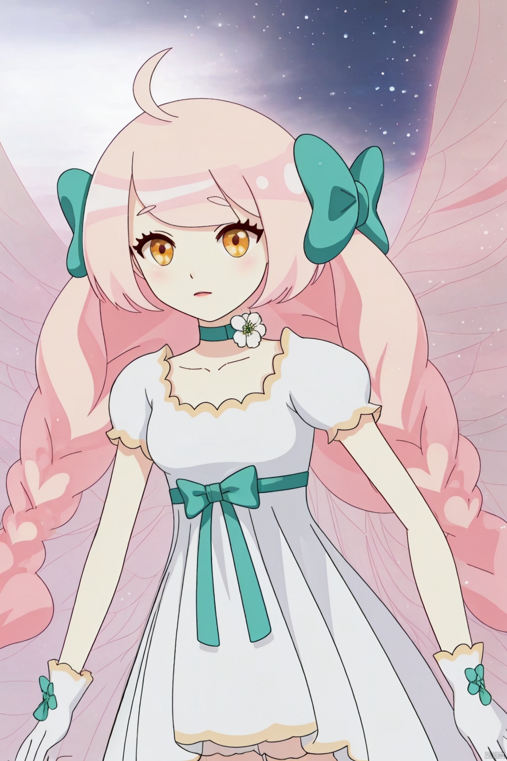 1girl, solo, long hair, gloves, dress, bow, very long hair, yellow eyes, pink hair, braid, ahoge, short sleeves, hair bow, wings, choker, white gloves, white dress, twin braids, green bow, minigirl, fairy wings, fairy, The whole body
