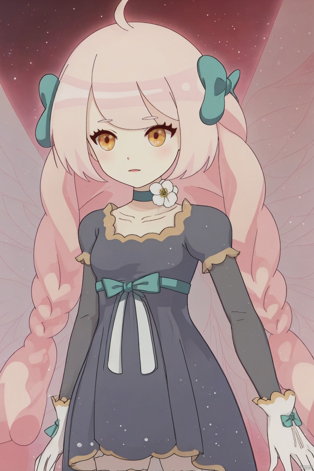 1girl, solo, long hair, gloves, dress, bow, very long hair, yellow eyes, pink hair, braid, ahoge, short sleeves, hair bow, wings, choker, white gloves, white dress, twin braids, green bow, minigirl, fairy wings, fairy, The whole body