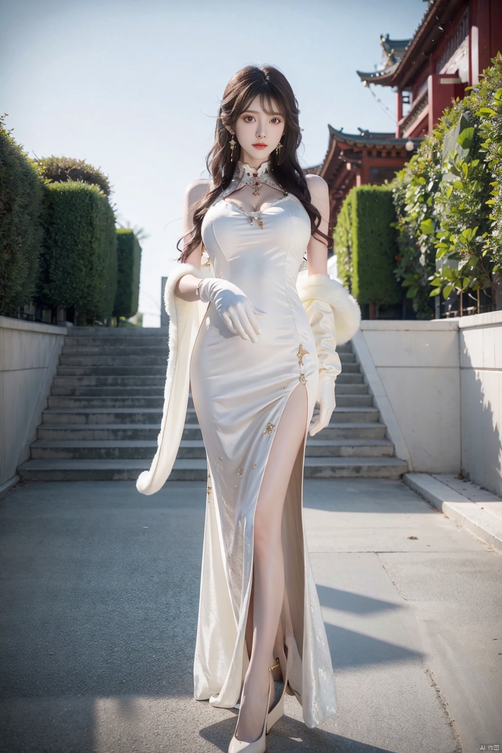  best quality,masterpiece,highres,extremely detailed cg unity 8k wallpaper,outdoors,1girl,solo,facing viewer,standing,full body,gigantic breasts,,,lemon0025,china dress,side slit,white gloves,white dress,jewelry,gem,high heels,white, ((poakl)),yuzu, wangyushan