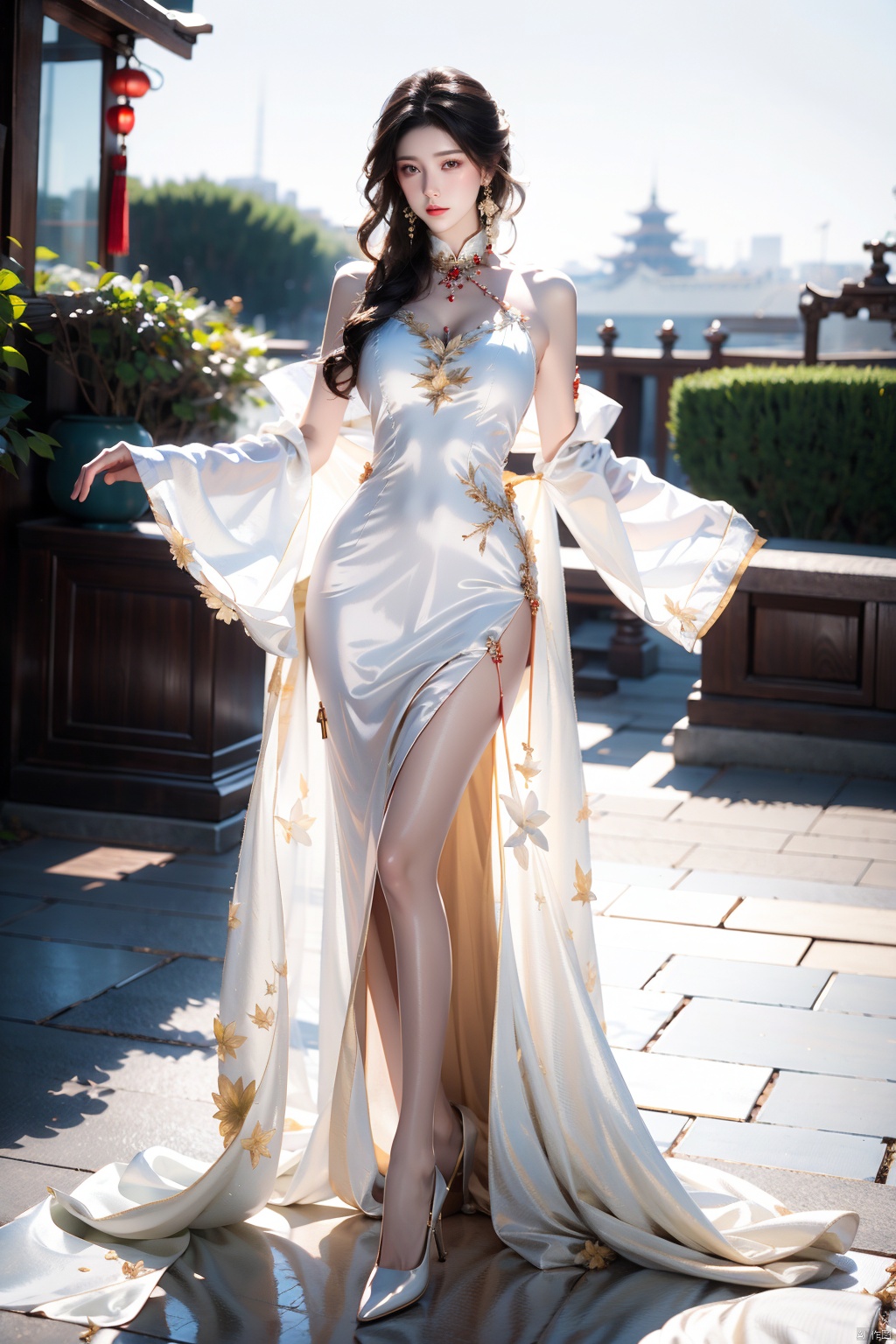  best quality,masterpiece,highres,extremely detailed cg unity 8k wallpaper,outdoors,1girl,solo,facing viewer,standing,full body,gigantic breasts,,,lemon0025,china dress,side slit,white gloves,white dress,jewelry,gem,high heels,white, ((poakl)),yuzu, wangyushan