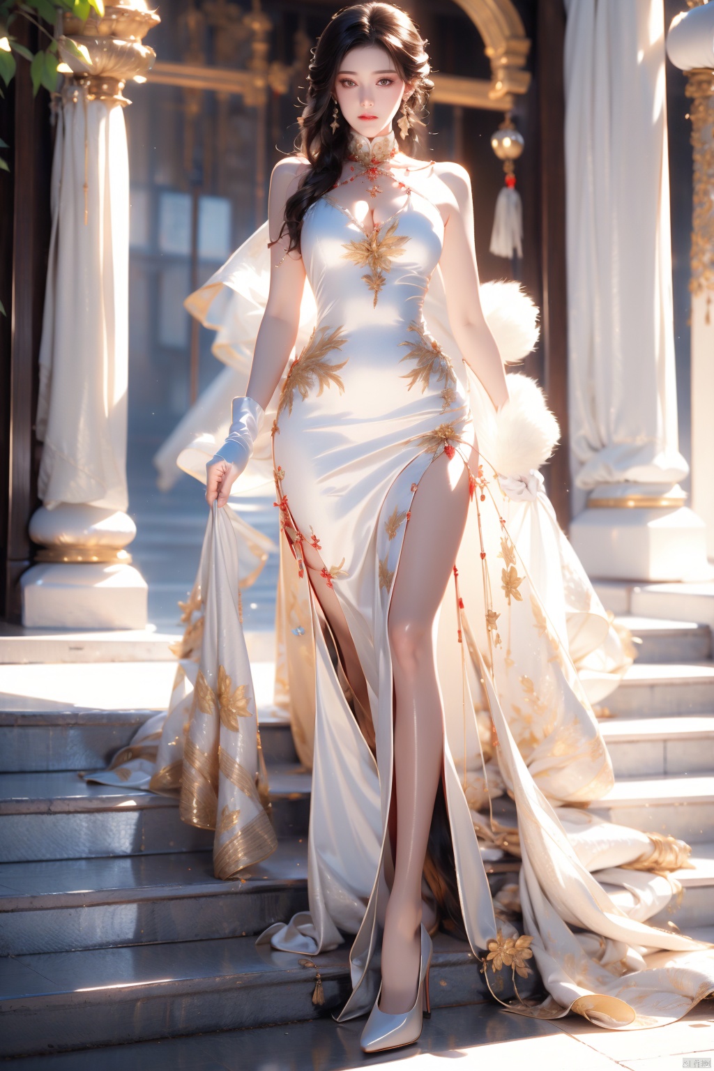  best quality,masterpiece,highres,extremely detailed cg unity 8k wallpaper,outdoors,1girl,solo,facing viewer,standing,full body,gigantic breasts,,,lemon0025,china dress,side slit,white gloves,white dress,jewelry,gem,high heels,white, ((poakl)),yuzu, wangyushan