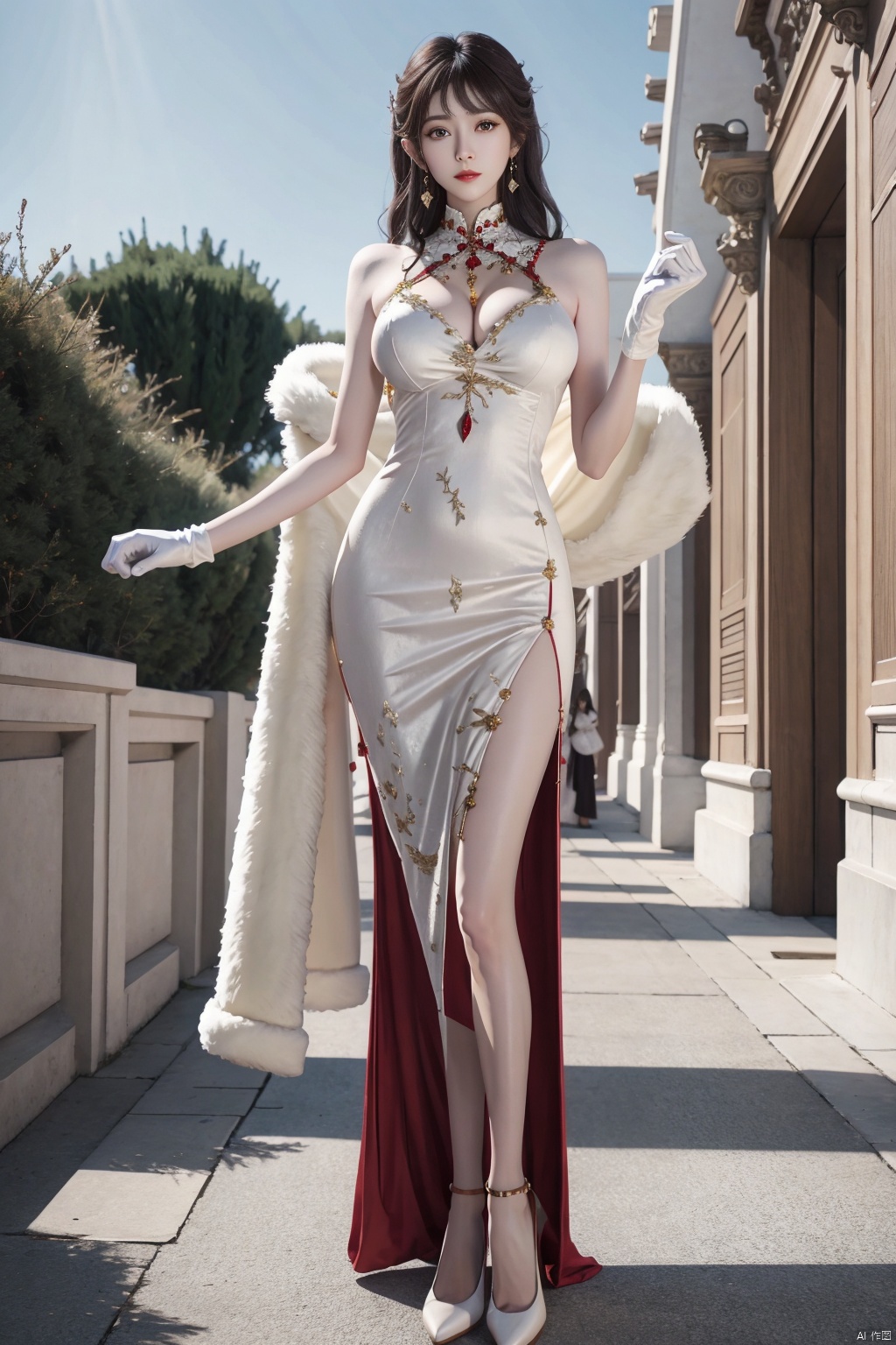  best quality,masterpiece,highres,extremely detailed cg unity 8k wallpaper,outdoors,1girl,solo,facing viewer,standing,full body,gigantic breasts,,,lemon0025,china dress,side slit,white gloves,white dress,jewelry,gem,high heels,white, ((poakl)),yuzu, wangyushan