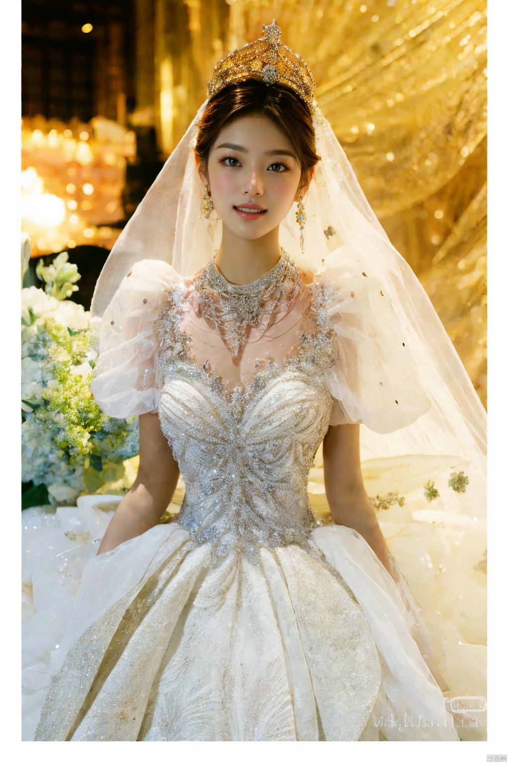  Ultra-clear 8k, real, night, smile, crown, necklace, perspective, hanger, nudity, diamonds, bridal veil, Golden wedding dress, 1 girl, wedding dress