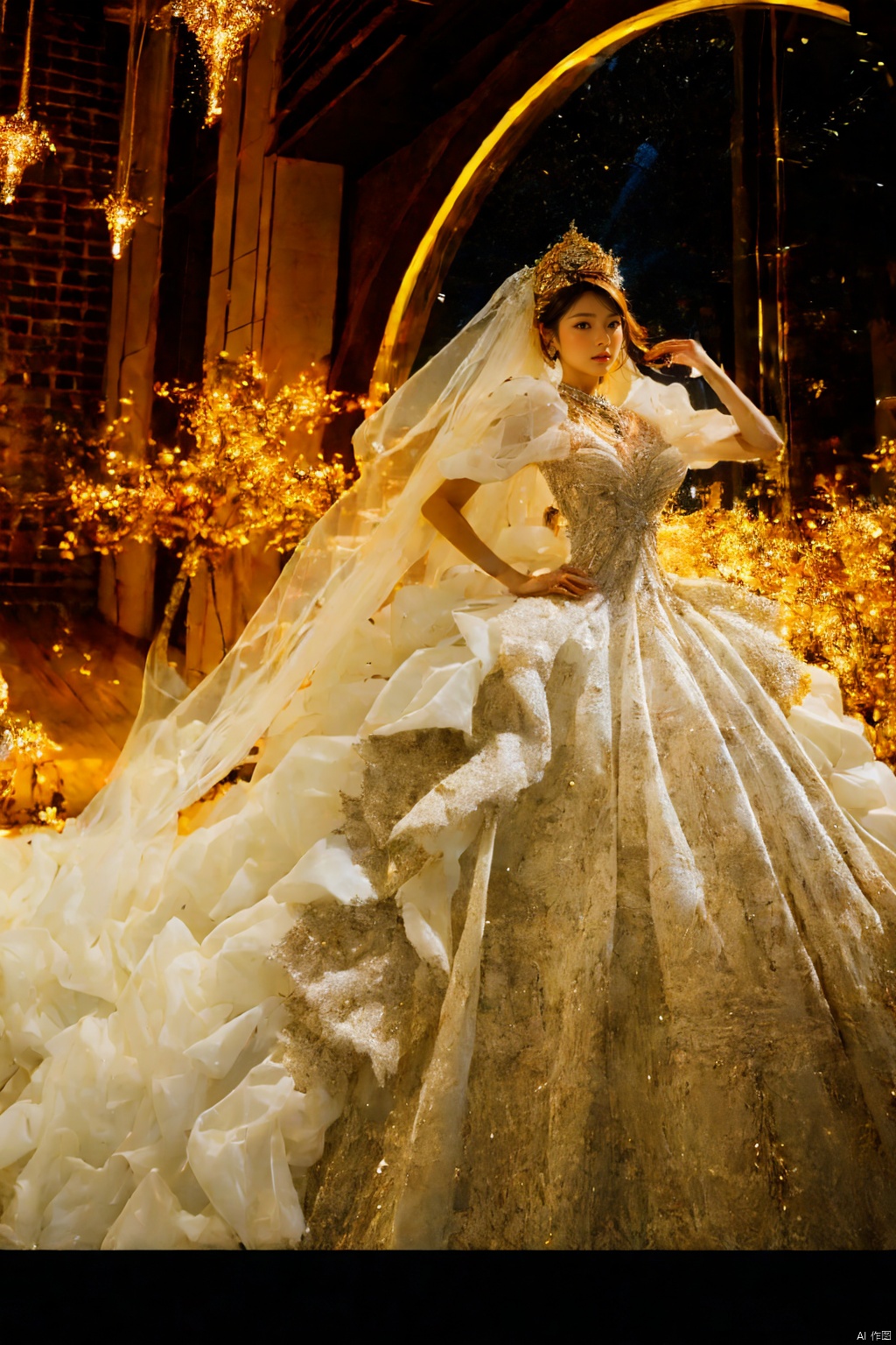  Ultra-clear 8k, real, night, smile, crown, necklace, perspective, hanger, nudity, diamonds, bridal veil, Golden wedding dress, 1 girl, wedding dress