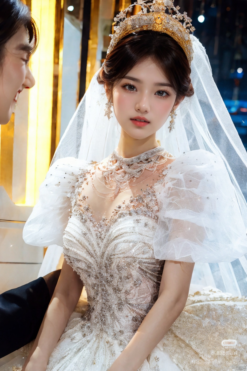  Ultra-clear 8k, real, night, smile, crown, necklace, perspective, hanger, nudity, diamonds, bridal veil, Golden wedding dress, 1 girl, wedding dress