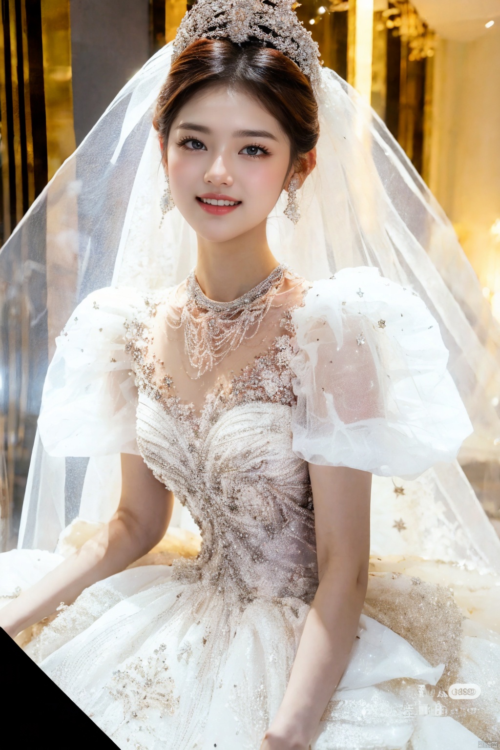  Ultra-clear 8k, real, night, smile, crown, necklace, perspective, hanger, nudity, diamonds, bridal veil, Golden wedding dress, 1 girl, wedding dress