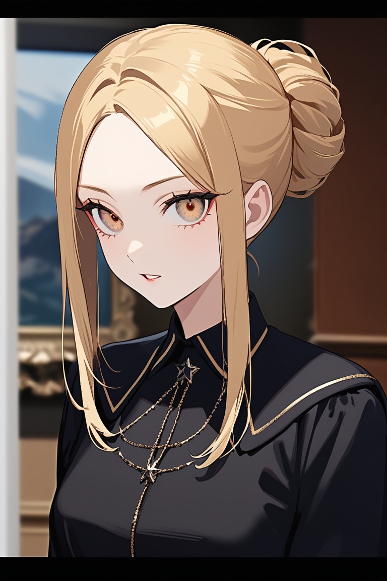 Beautiful girl. She is very badass,  she wears a black schoolgirl uniform. The background of the picture is a luxurious hi...
