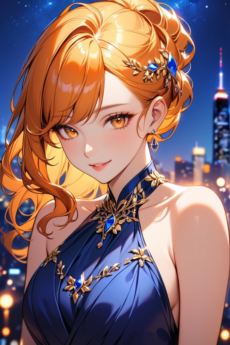 Beautiful girl. She is very badass. She's wearing a beautiful blue evening dress. The background of the picture is a luxur...