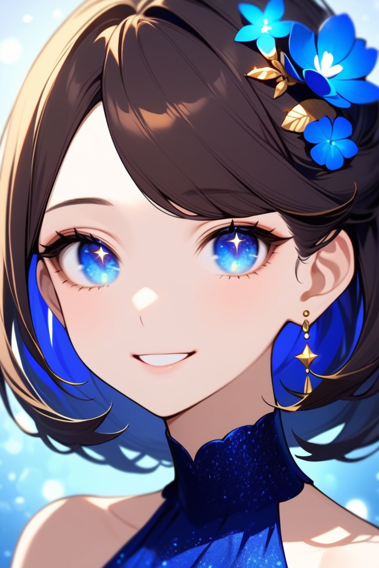 Beautiful girl. She is very badass. She's wearing a beautiful blue evening dress. The background of the picture is a luxur...