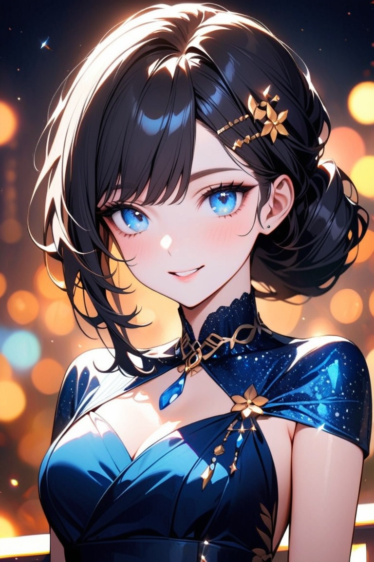 Beautiful girl. She is very badass. She's wearing a beautiful blue evening dress. The background of the picture is a luxur...
