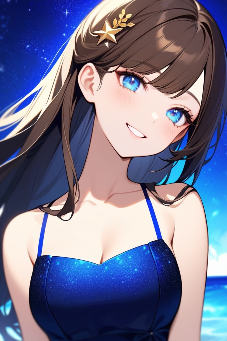 Beautiful girl. She is very badass. She's wearing a beautiful blue evening dress. The background of the picture is a luxur...