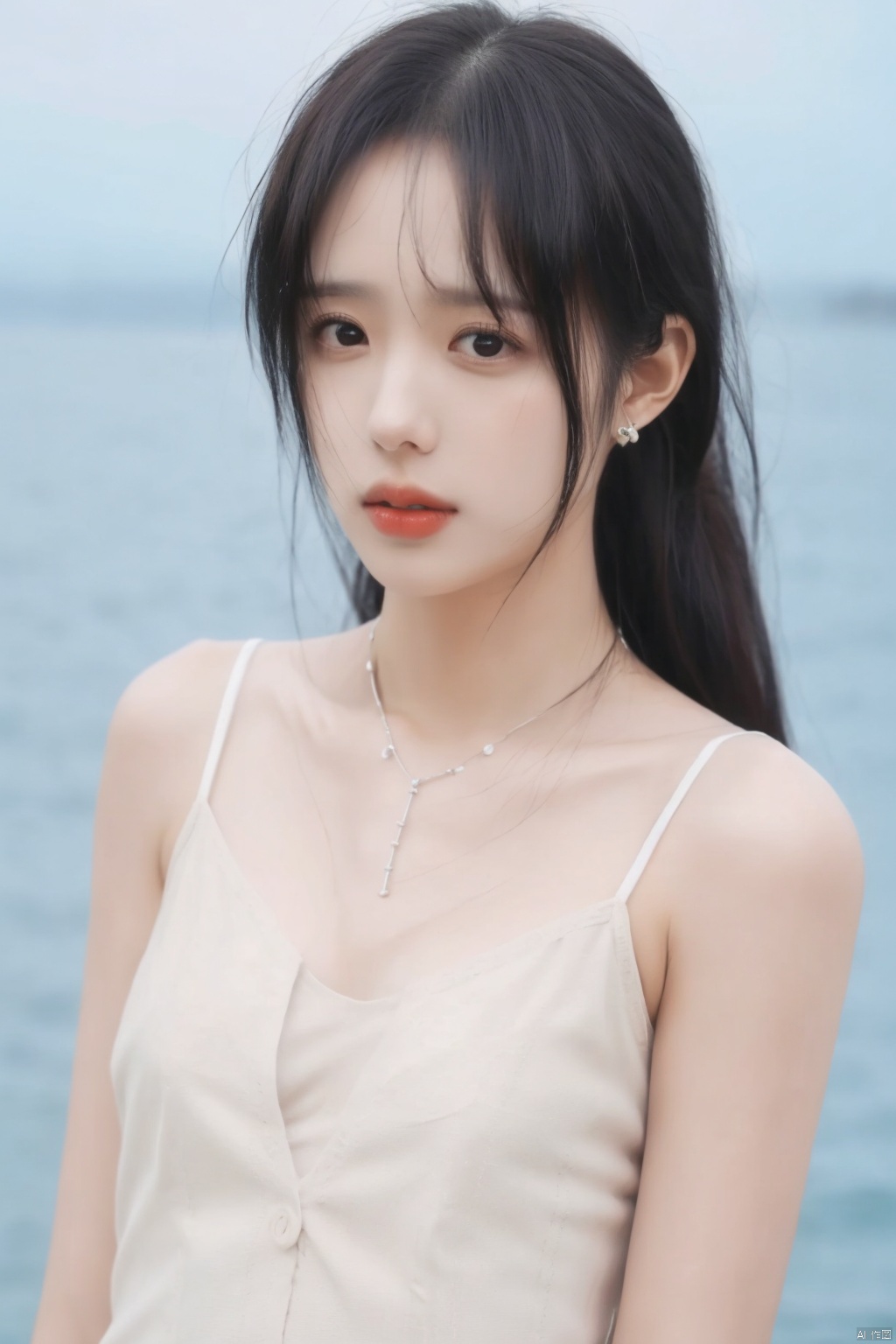  (realistic:1.5) ,highly detailed skin,1girl, big eyes ,(portrait:1.2) ,long messy  hair , (camisole:1.5) ,(natural skin:1.5) , (flat chest:1.5),thin waist ,sea ,sky, (blurry background:1.5) ,necklace ,earrings