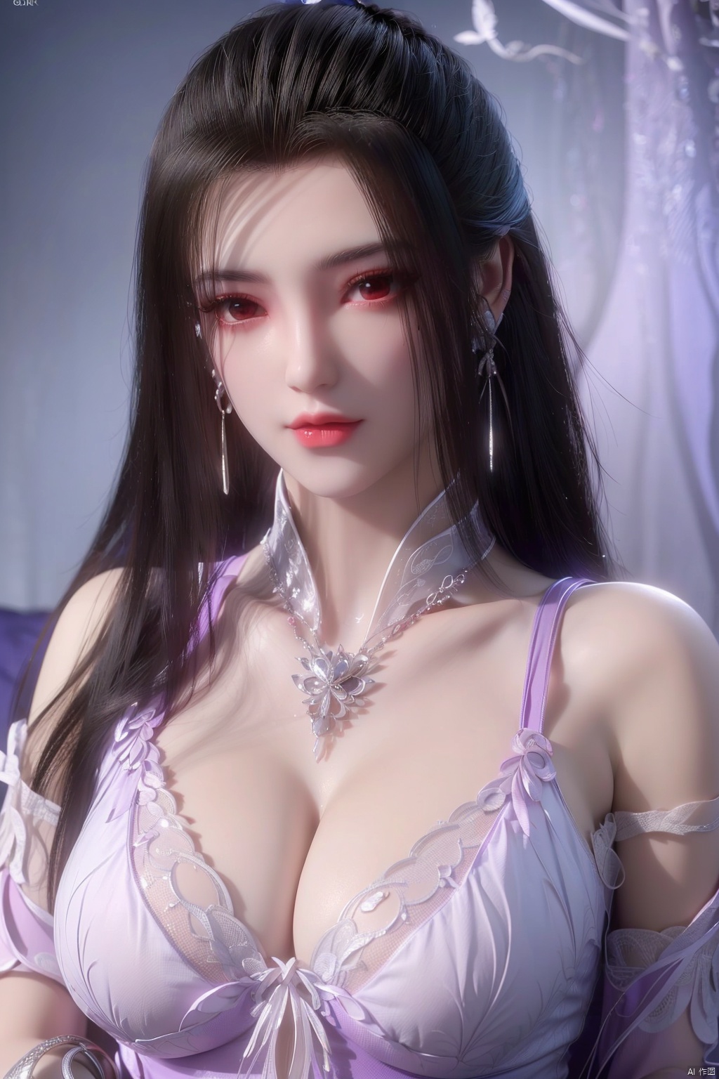  (8k, RAW photo, best quality, masterpiece:1.2),(super realistic, photo-realistic:1.3),ultra-detailed,extremely detailed cg 8k wallpaper,hatching (texture),skin gloss,light persona,
(crystalstexture skin:1.2),(extremely delicate and beautiful),ultra-high resolution,
Surrealism,fantastical verisimilitude,fantastical creation,thriller color scheme,surrealism,abstract,psychedelic,
1girl,solo,(translucent gauze dress:1.3),purple dress,very long hair,hair ornament,necklace,black hair,tattoo,windy,(portrait:1.2),
(((breast,jewelry,earrings,long hair,pillow,bracelet))),
zl-hd,