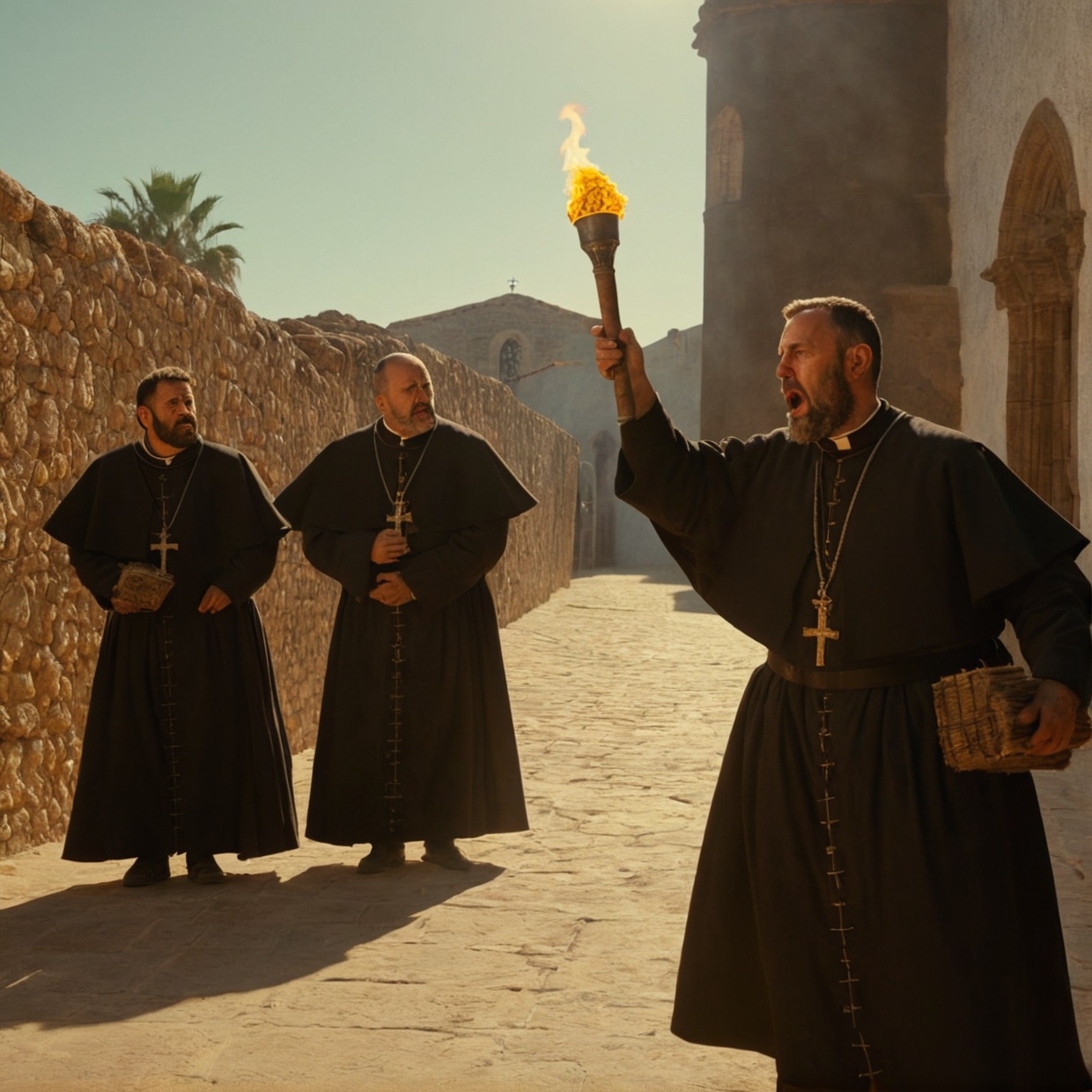 Medium plan.Torches. historically accurate Spanish priests 1400's,  8k,  wide shot on Tensor.Art