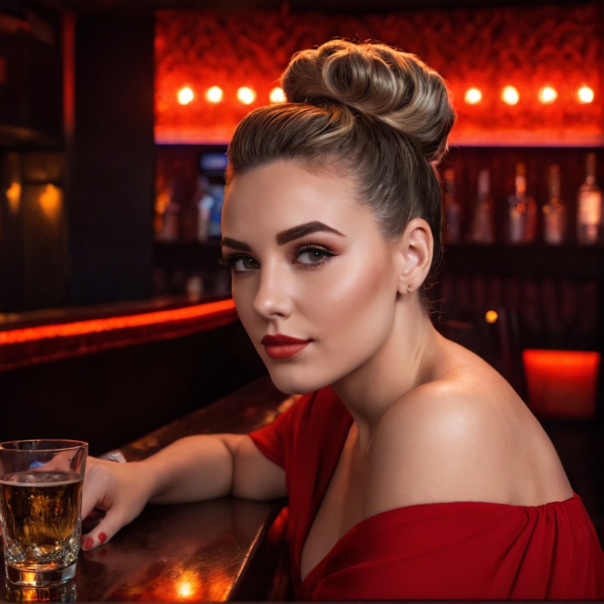 Portrait of Abigail: a stunning woman with an updo,  sitting at the bar in a nightclub. This masterpiece is of the best qu...