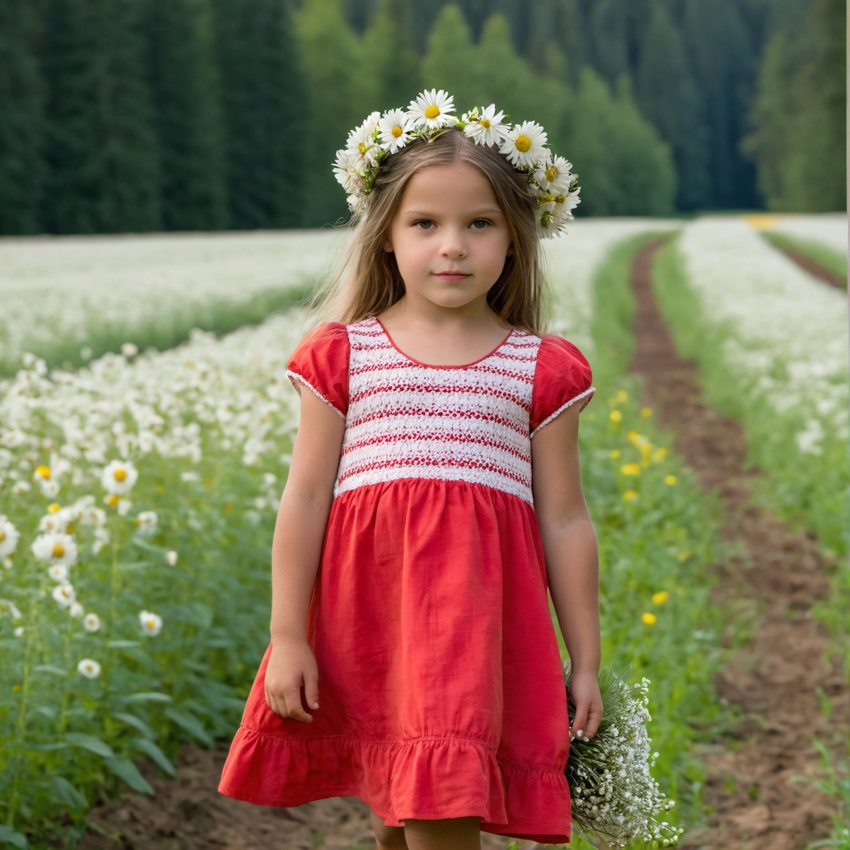 there is a little girl in a red and white dress holding a bouquet,  girl in flowers,  picking flowers on Tensor.Art
