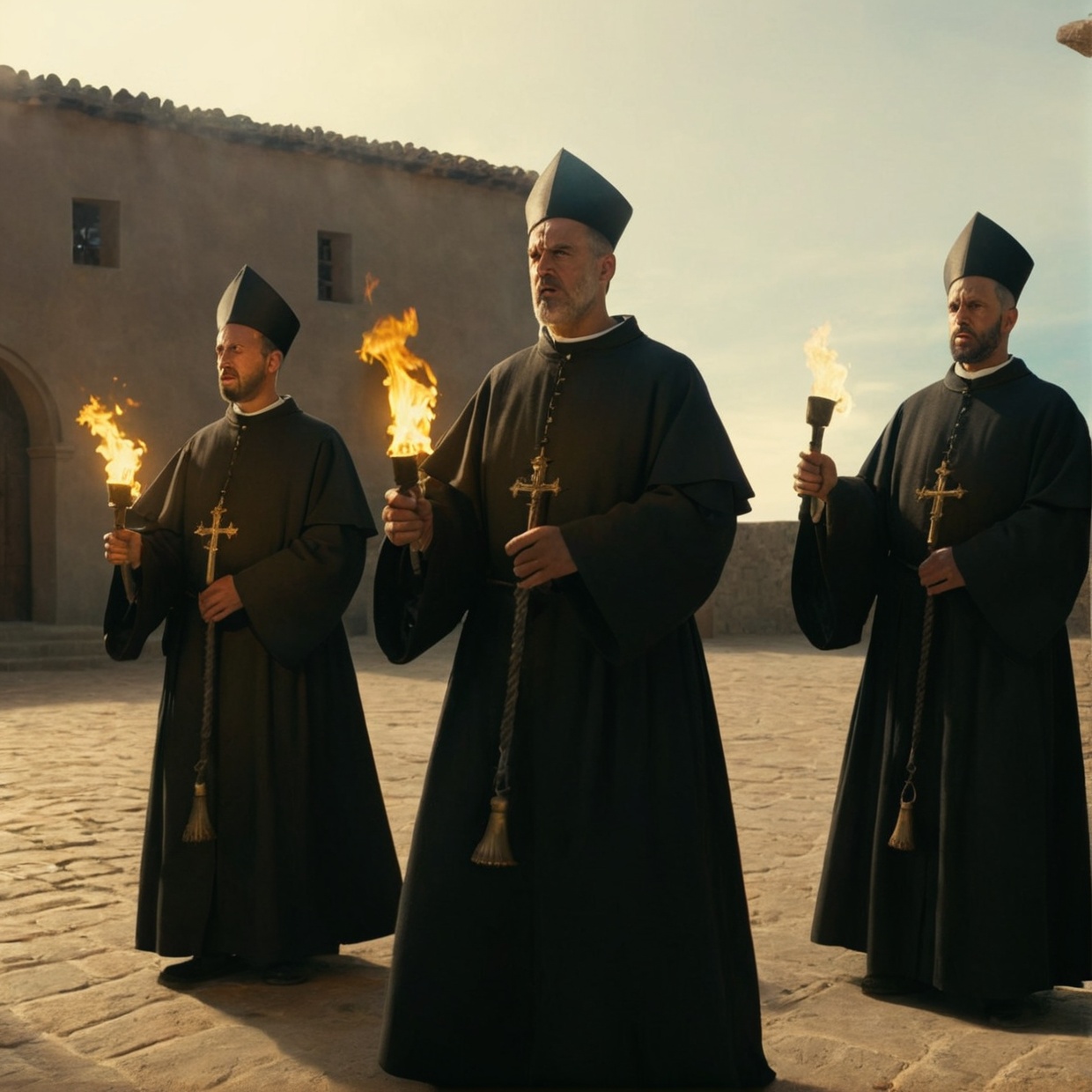 Medium plan.Torches. historically accurate Spanish priests 1400's,  8k,  wide shot on Tensor.Art