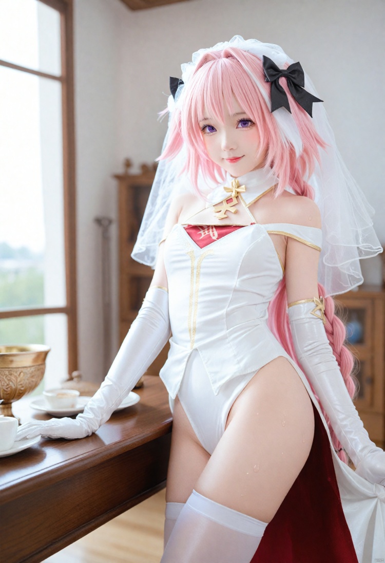  masterpiece, best quality, otoko no ko, astolfo (fate), 1boy, male focus, bulge, gloves, long hair, solo, blush, braid, pink hair, elbow gloves, veil, multicolored hair, purple eyes, streaked hair, white gloves, white thighhighs, thighhighs, table, hair intakes, single braid, erection under clothes, bow, white hair, bare shoulders, black bow, hair bow, covered navel, dress, closed mouth, bangs, sweat, bridal veil, blurry background, blurry, erection, white dress, smile, underwear, pelvic curtain, BREAK, fine fabric emphasis, best quality, amazing quality, very aesthetic, absurdres, best quality, amazing quality, very aesthetic, absurdres, Highly detailed, best quality, masterpiece, Highly detailed,