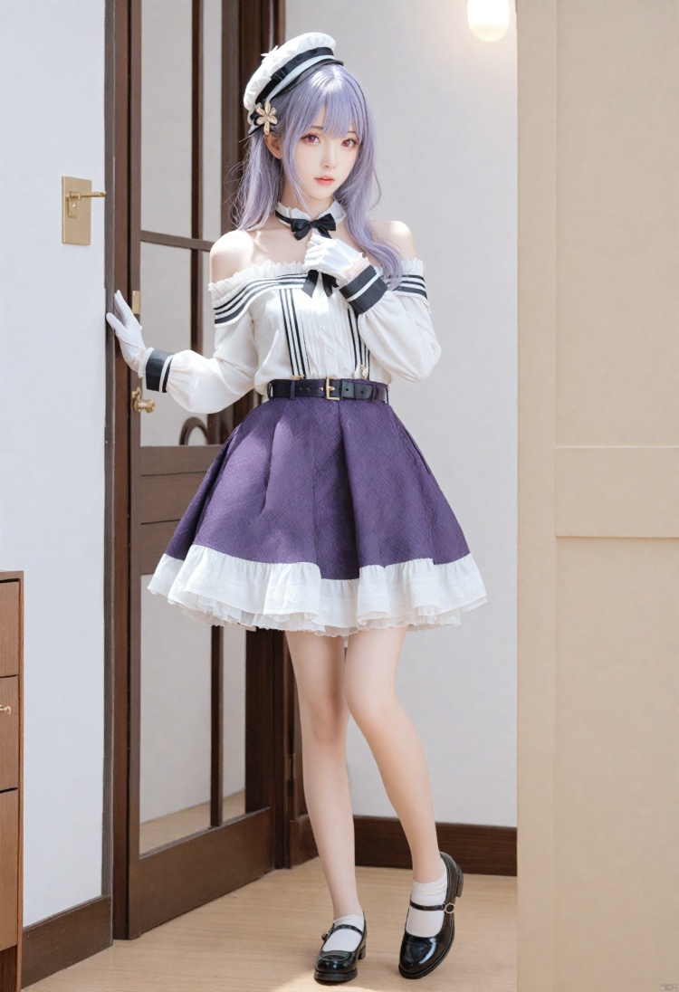  masterpiece, best quality, 1girl, solo, looking at viewer, long hair, hat, gloves, purple hair, looking at viewer, white headwear, full body, red eyes, white gloves, skirt, long sleeves, belt, hair ornament, bare shoulders, black footwear, off shoulder, Mary Janes, bangs, fine fabric emphasis, standing, indoors, BREAK, fine fabric emphasis, best quality, amazing quality, very aesthetic, absurdres, best quality, amazing quality, very aesthetic, absurdres, Highly detailed, best quality, masterpiece, Highly detailed,