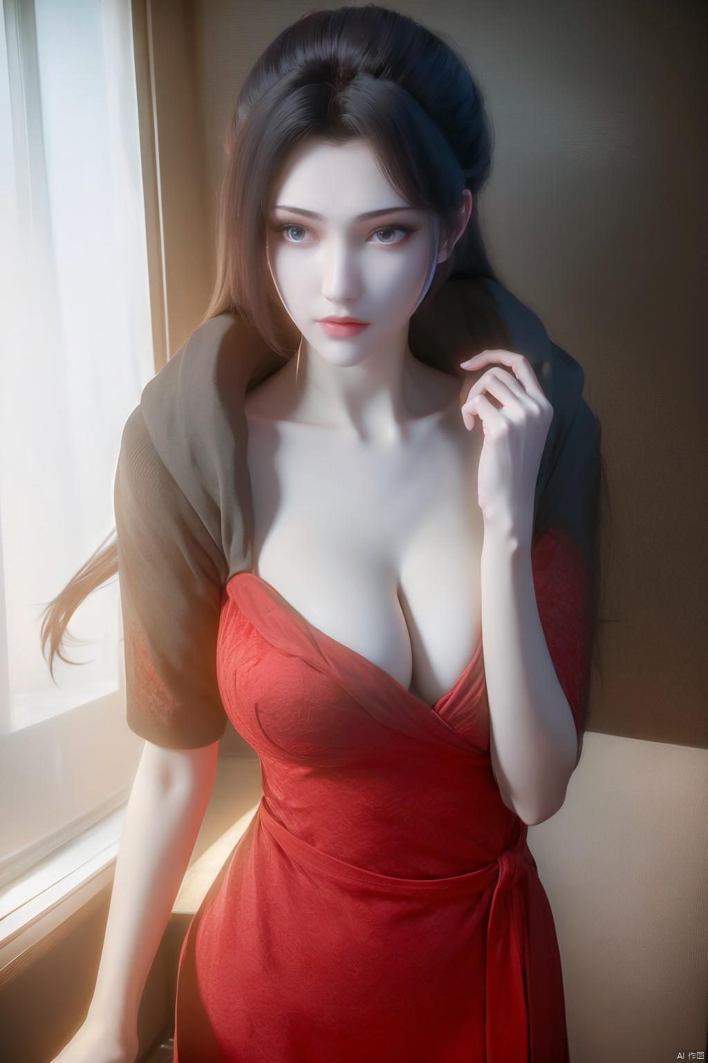 (8k, RAW photo, best quality, masterpiece:1.2),(super realistic, photo-realistic:1.3),ultra-detailed,extremely detailed cg 8k wallpaper,hatching (texture),skin gloss,light persona,
(crystalstexture skin:1.2),(extremely delicate and beautiful),ultra-high resolution,
Surrealism,fantastical verisimilitude,fantastical creation,thriller color scheme,surrealism,abstract,psychedelic,
1girl,solo,very long hair,(pov:1.2),standing,mdsh-hd,mdshyf-hd,red dress,clothing cutout,breasts out,black hair,angry,frown,
yy-hd,