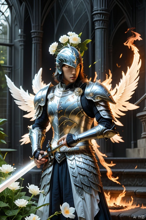  haha,solo, 1boy, holding, standing, weapon, flower, male focus, wings, sword, indoors, holding weapon, armor, glowing, holding sword, helmet, fire, white flower, shoulder armor, gauntlets, breastplate, stairs, full armor

