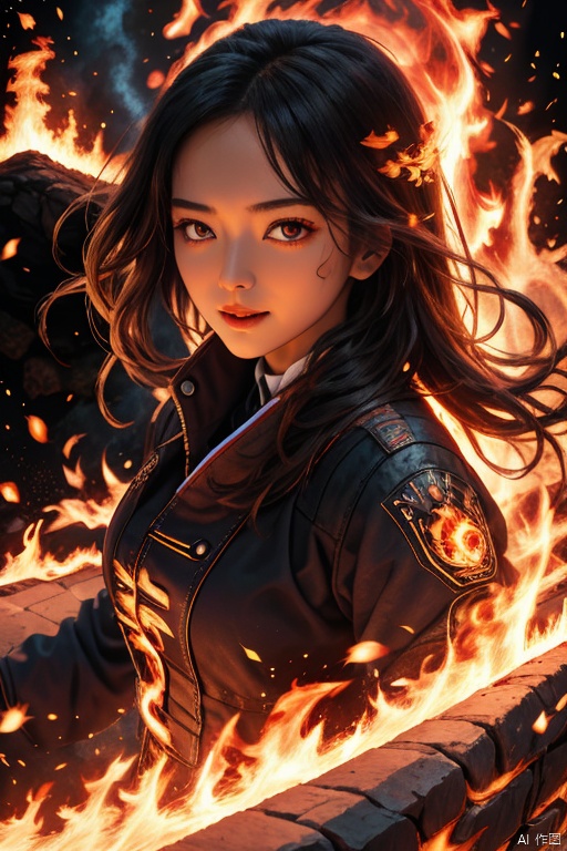 , haha,1girl,(speed line:1.05),fire