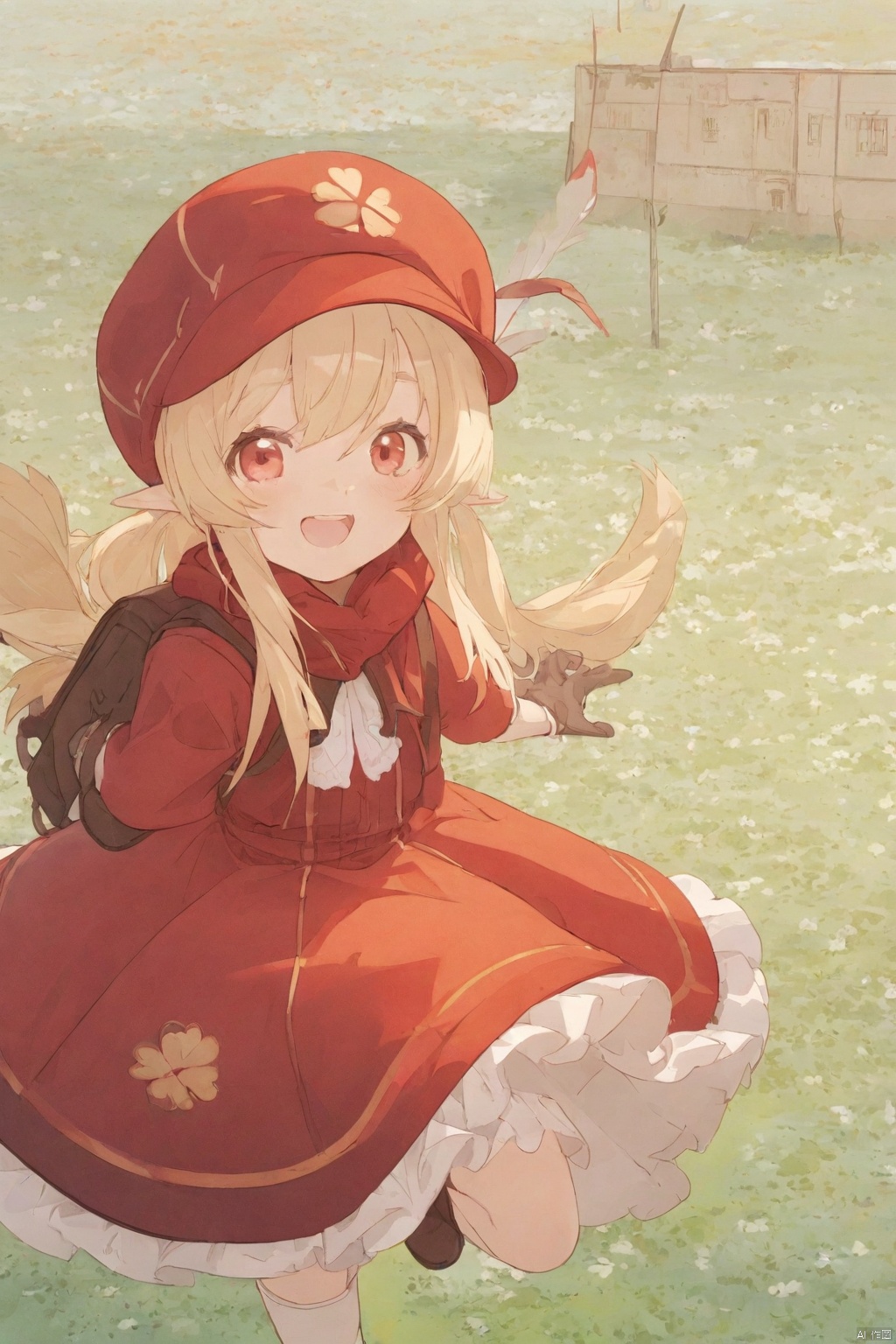  1 Girl, solo, long hair, looking at the audience, blushing, smiling, mouth open, bangs, blonde hair, red eyes, gloves, long sleeves, hat, dress, Hair between eyes, tails, standing, flowers, ahoge, : d, wings, boots, outdoors, teeth, pointed ears, socks, bags, scarves, Low tails, only upper teeth, brown shoes, red dress, standing on one leg, backpack, knee boots, feathers, red flowers, red headdress, brown gloves, Taxi hat, hat feather, clover, four-leaf clover, Keli \ influence \ )