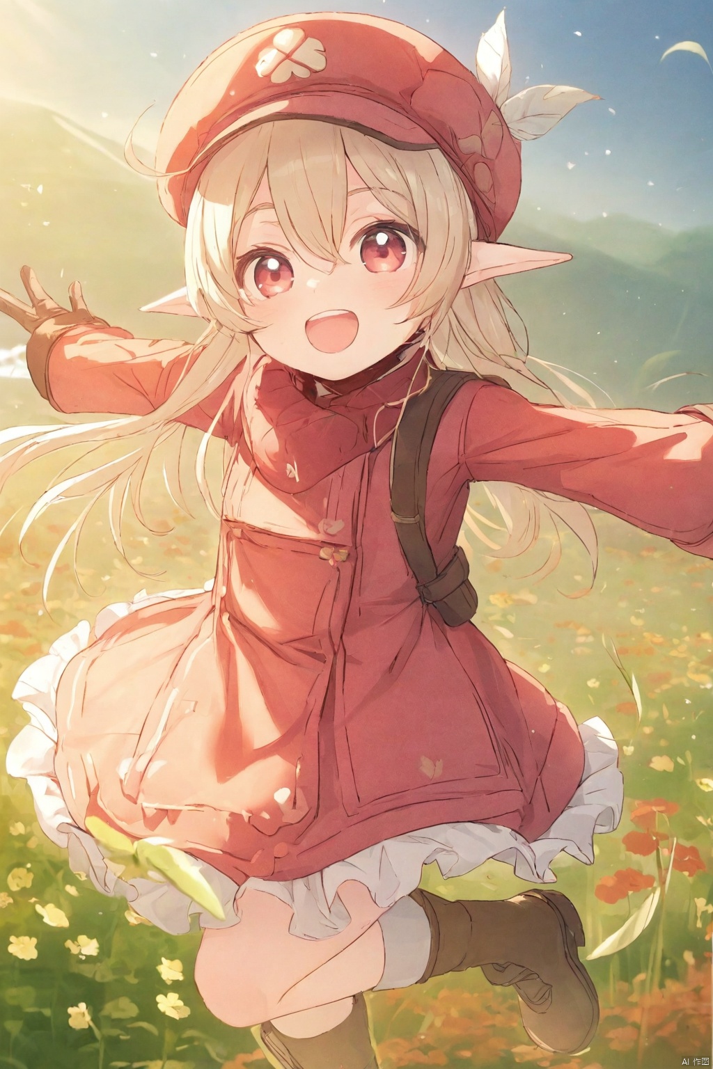 1 Girl, solo, long hair, looking at the audience, blushing, smiling, mouth open, bangs, blonde hair, red eyes, gloves, long sleeves, hat, dress, Hair between eyes, tails, standing, flowers, ahoge, : d, wings, boots, outdoors, teeth, pointed ears, socks, bags, scarves, Low tails, only upper teeth, brown shoes, red dress, standing on one leg, backpack, knee boots, feathers, red flowers, red headdress, brown gloves, Taxi hat, hat feather, clover, four-leaf clover, Keli \ influence \ )