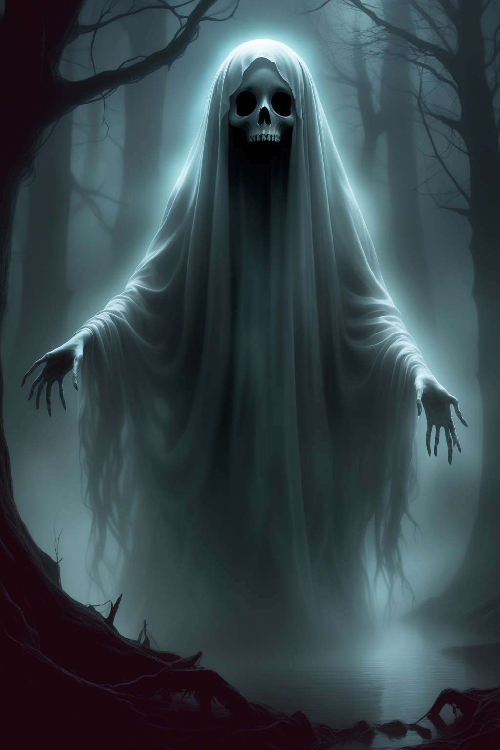 1ghost,  a chilling scene featuring the disembodied head of a female ghost,  hovering ominously in the air. The ghostly he...
