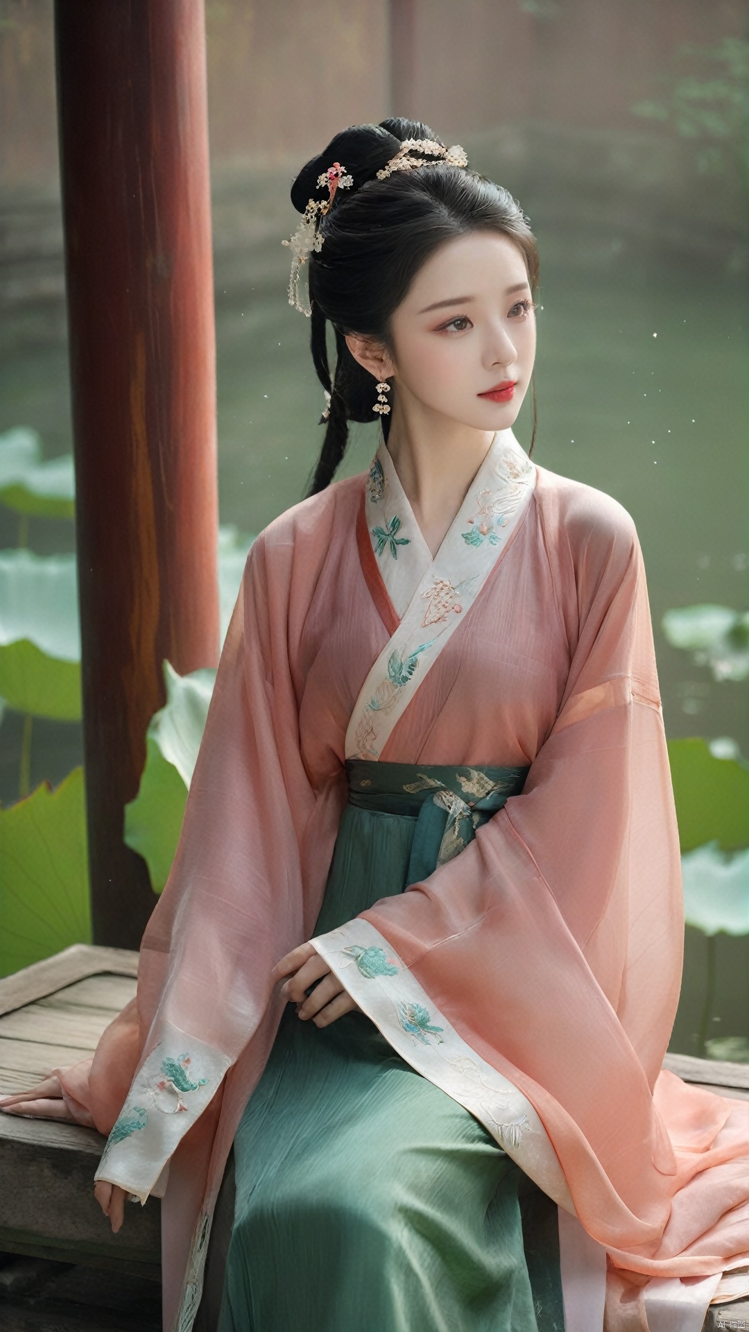  (1girl:1.1), (Lace pink-green skirt:1.39), on Stomach,aqua_earrings,Lights, lanterns, chang,(big breasts:1.56),hanfu, Best quality, Realistic, photorealistic, masterpiece, extremely detailed CG unity 8k wallpaper, best illumination, best shadow, huge filesize ,(huge breasts:1.59) incredibly absurdres, absurdres, looking at viewer, transparent, smog, gauze, vase, petals, room, ancient Chinese style, detailed background, wide shot background,
(((black hair))),(Sitting on the lotus pond porch:1.49) ,(A pond full of pink lotus flowers:1.5),close up of 1girl,Hairpins,hair ornament,hair wings,slim,narrow waist,perfect eyes,beautiful perfect face,pleasant smile,perfect female figure,detailed skin,charming,alluring,seductive,erotic,enchanting,delicate pattern,detailed complex and rich exquisite clothing detail,delicate intricate fabrics,
Morning Serenade In the gentle morning glow, (a woman in a pink lotus-patterned Hanfu stands in an indoor courtyard:1.36),(Chinese traditional dragon and phoenix embroidered Hanfu:1.3), admiring the tranquil garden scenery. The lotus-patterned Hanfu, embellished with silver-thread embroidery, is softly illuminated by the morning light. The light mint green Hanfu imparts a sense of calm and freshness, adorned with delicate lotus patterns, with a blurred background to enhance the peaceful atmosphere, song_hanfu, tang_hanfu, qinhan_hanfu, ming_hanfu
