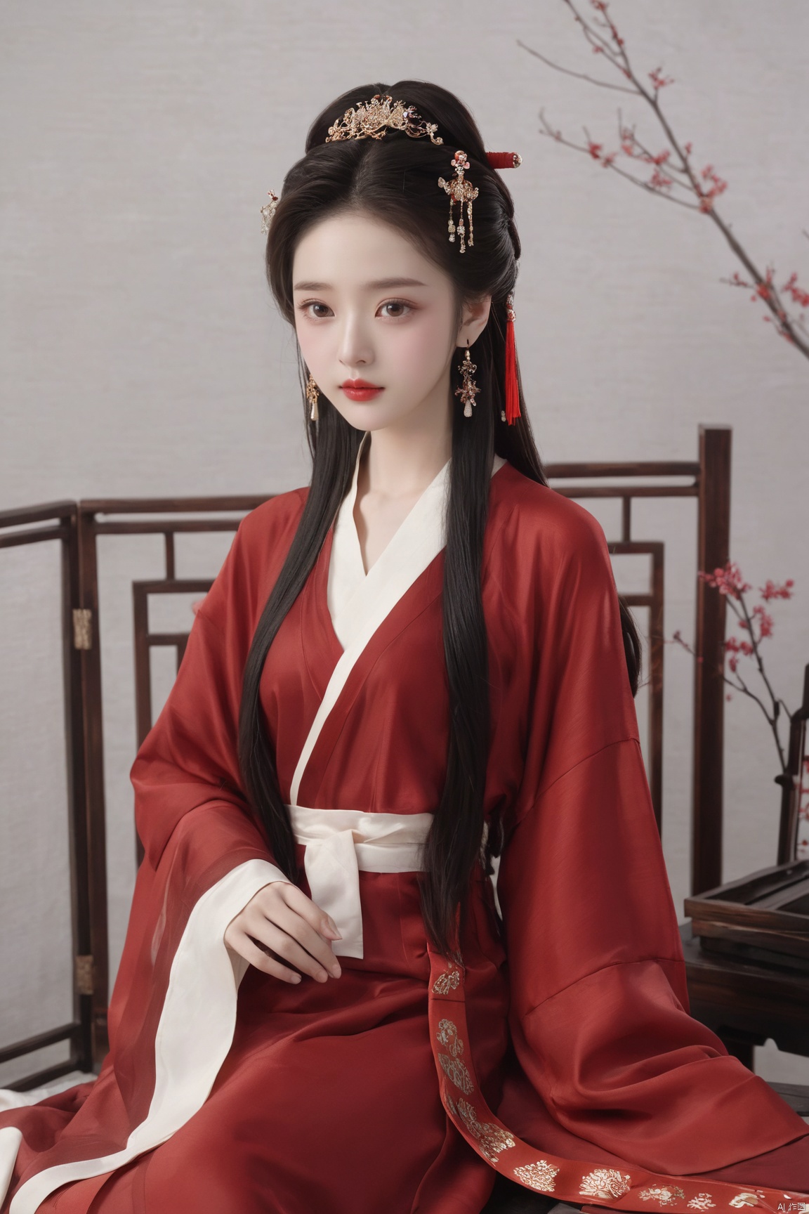  (masterpiece, top quality, best quality, official art, beautiful and aesthetic:1.2),gf-hd, 1girl, solo, hair ornament, jewelry,hanfu dress, red dress, earrings, chinese clothes, brown hair, ribbon, hanfu, red ribbon, shawl, song_hanfu,(big breasts:1.89), ,(full breasts:1.89),monkren, tang_hanfu, qinhan_hanfu