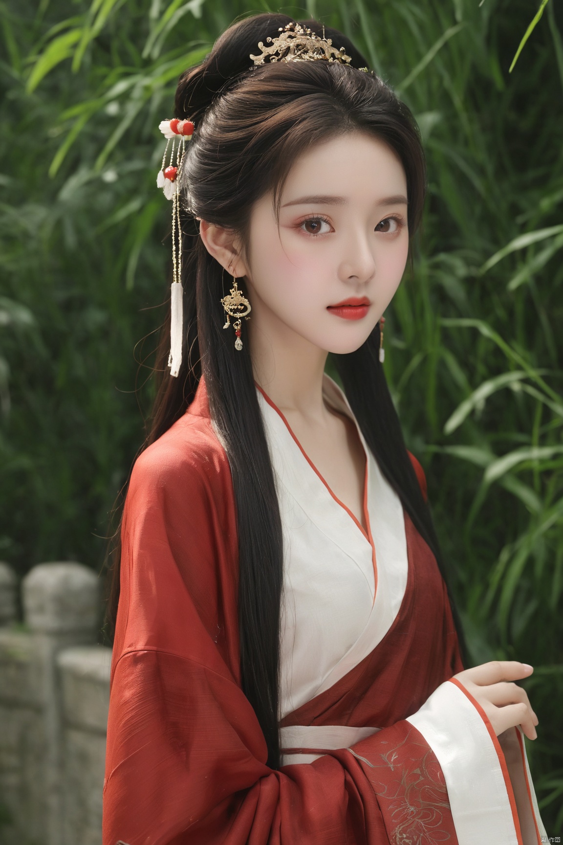  (masterpiece, top quality, best quality, official art, beautiful and aesthetic:1.2),gf-hd, 1girl, solo, hair ornament, jewelry,hanfu dress, red dress, earrings, chinese clothes, brown hair, ribbon, hanfu, red ribbon, shawl, song_hanfu,(big breasts:1.89), ,(full breasts:1.89),monkren, tang_hanfu, qinhan_hanfu