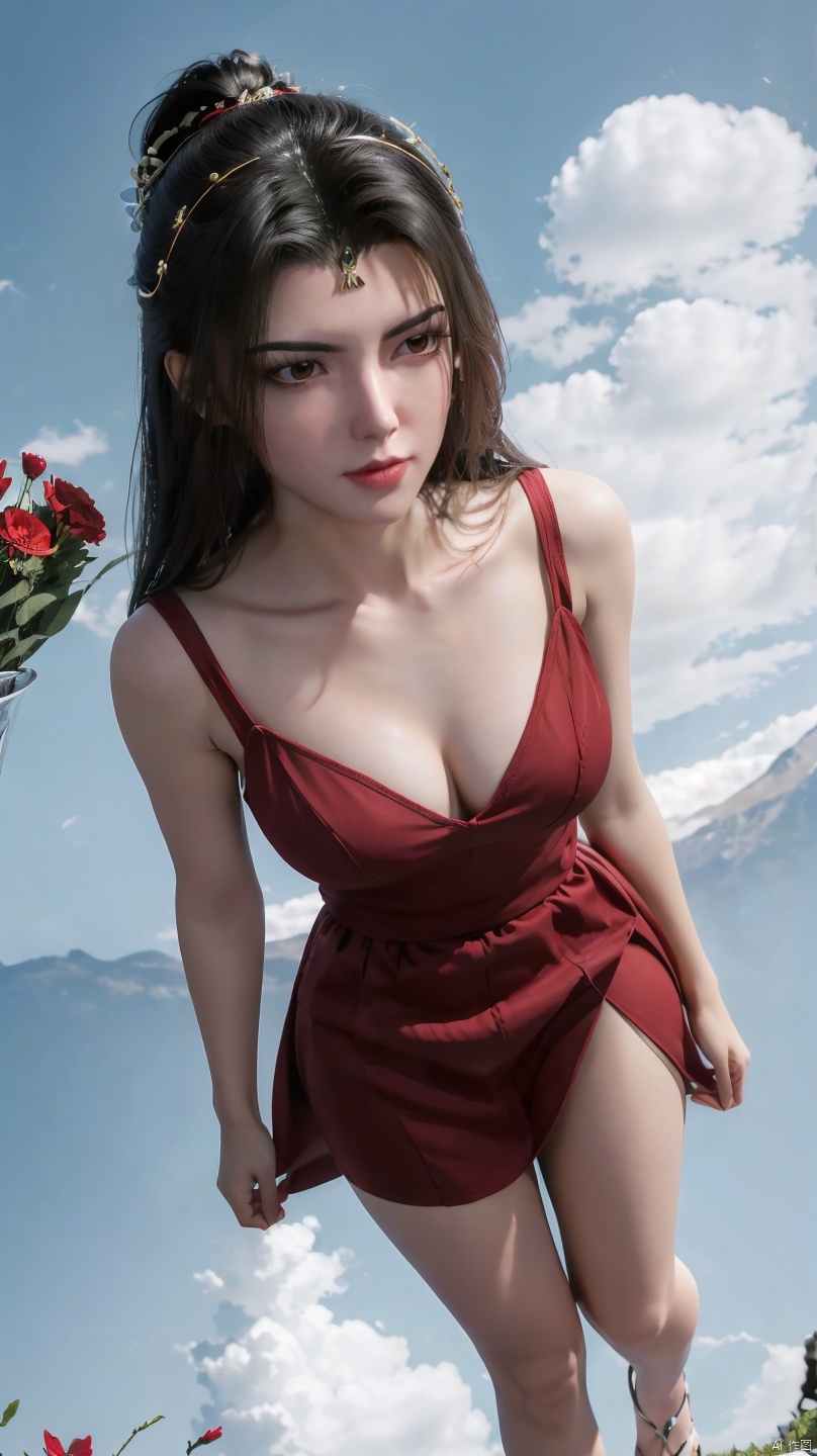  a girl,full_body,upper_body,,looking from above,a girl,above the knee,appear on camera,(a girl appeared at the front:1.2),(holding flowers in hand:1.1),stand,crescent_moon,black hair,long hair,whitenight,sky,solo,cloud,,simple background,a neat background,red dress,character focus,clear background,HDR,UHD,8K,masterpiece,absurdres,raise your head,