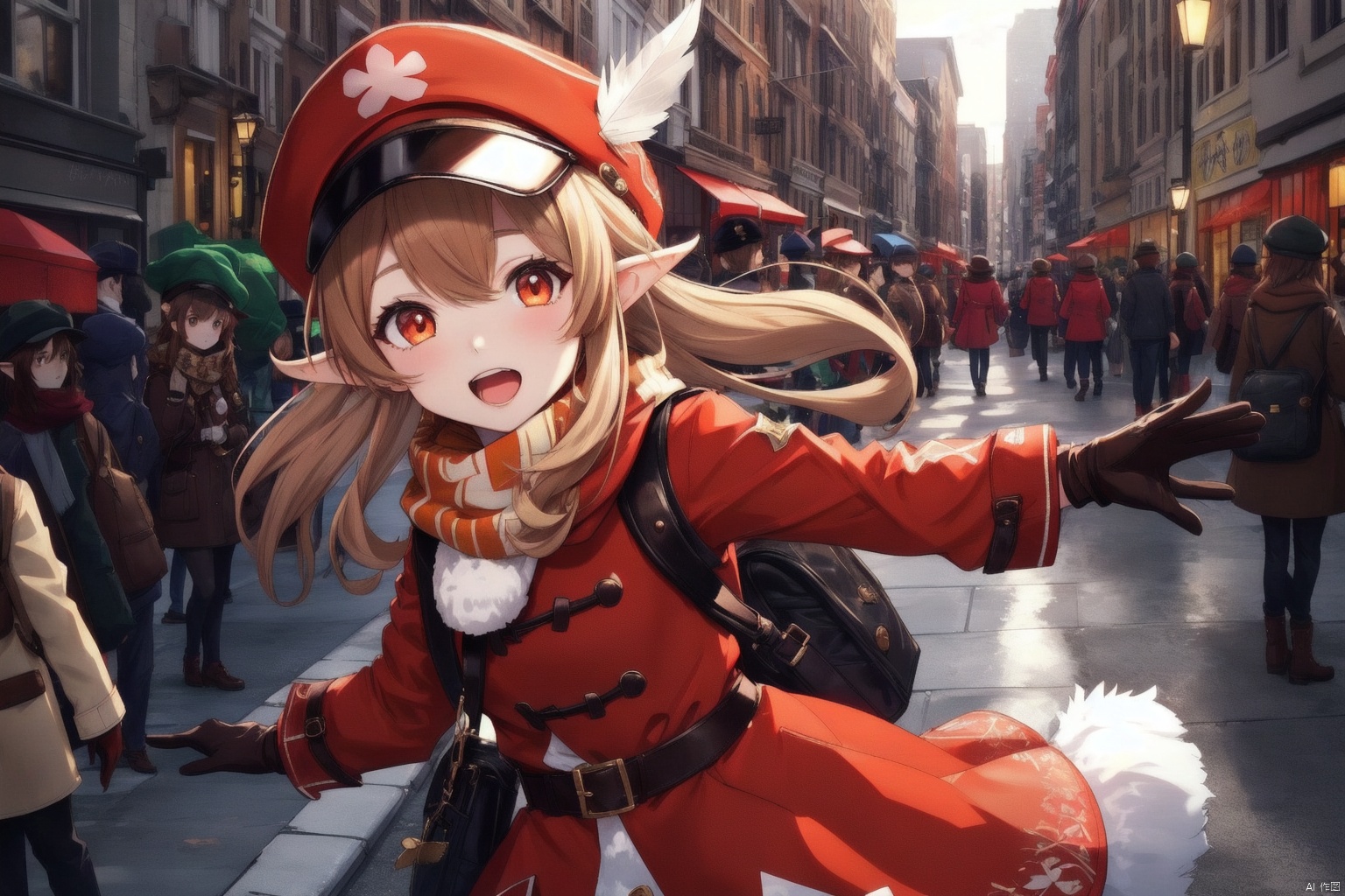 1 girl, solo, long hair, looking at the audience, mouth open, bangs, blonde hair, red eyes, gloves, long sleeves, hat, dress, Hair between eyes, double tails, ahoge, wings, pointed ears, bag, scarf, coat, orange eyes, low double tails, red dress, Light brown hair, backpack, red headdress, brown gloves, hat trim, pockets, taxi cap, randoseru, hat feathers, red coat, Brown scarf, clover print, kori,keli \ influence