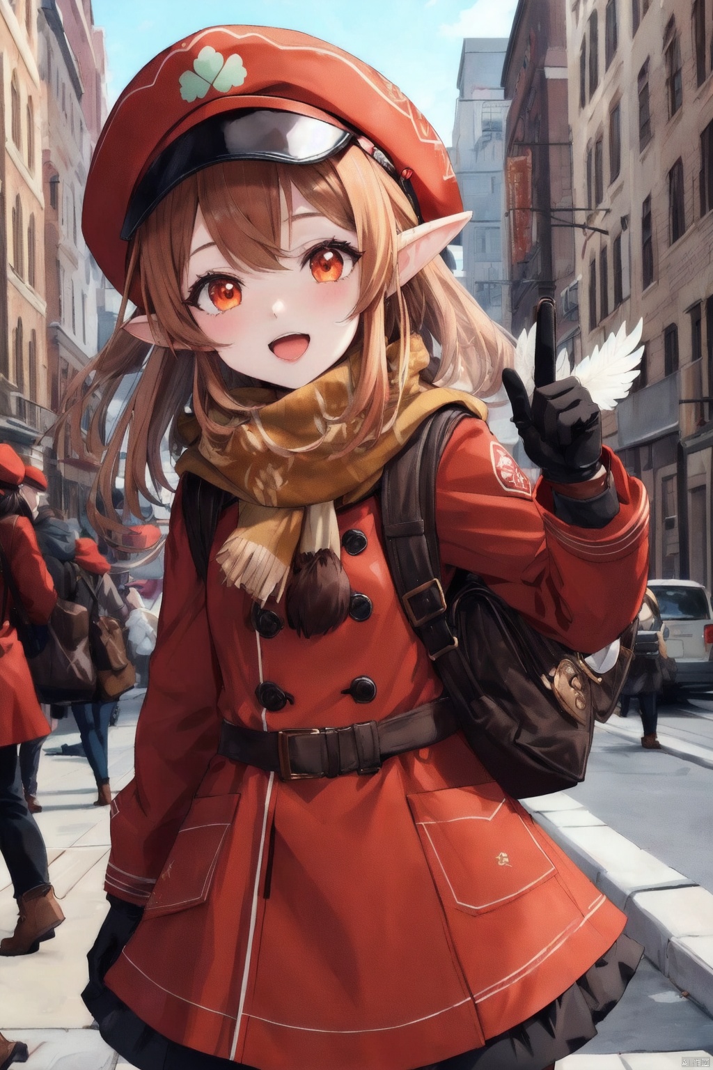 1 girl, solo, long hair, looking at the audience, mouth open, bangs, blonde hair, red eyes, gloves, long sleeves, hat, dress, Hair between eyes, double tails, ahoge, wings, pointed ears, bag, scarf, coat, orange eyes, low double tails, red dress, Light brown hair, backpack, red headdress, brown gloves, hat trim, pockets, taxi cap, randoseru, hat feathers, red coat, Brown scarf, clover print, kori,keli \ influence