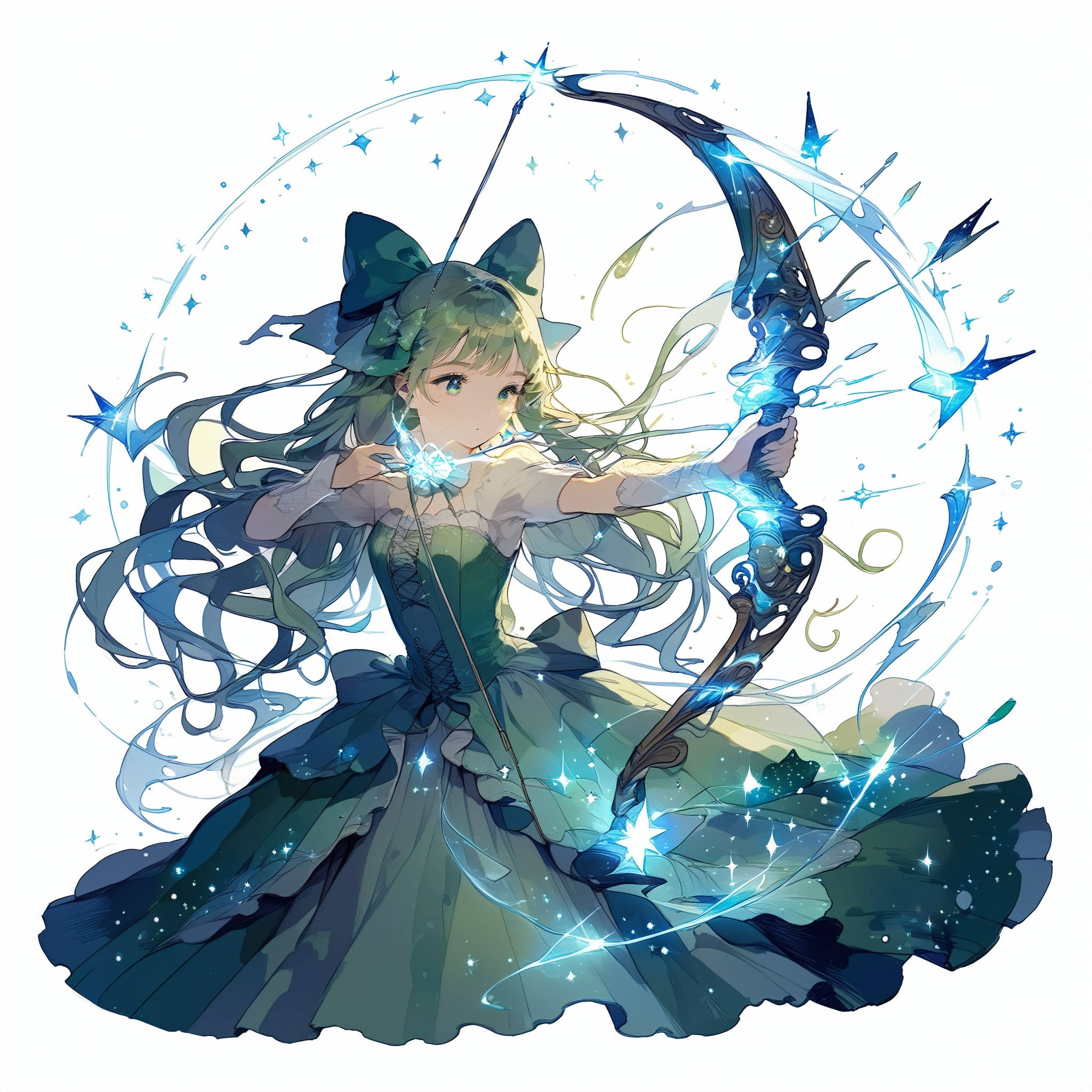 Illustration of a girl drawing a huge bow embodied by magic. The bow is made of magic and glows blue. The girl is wearing...