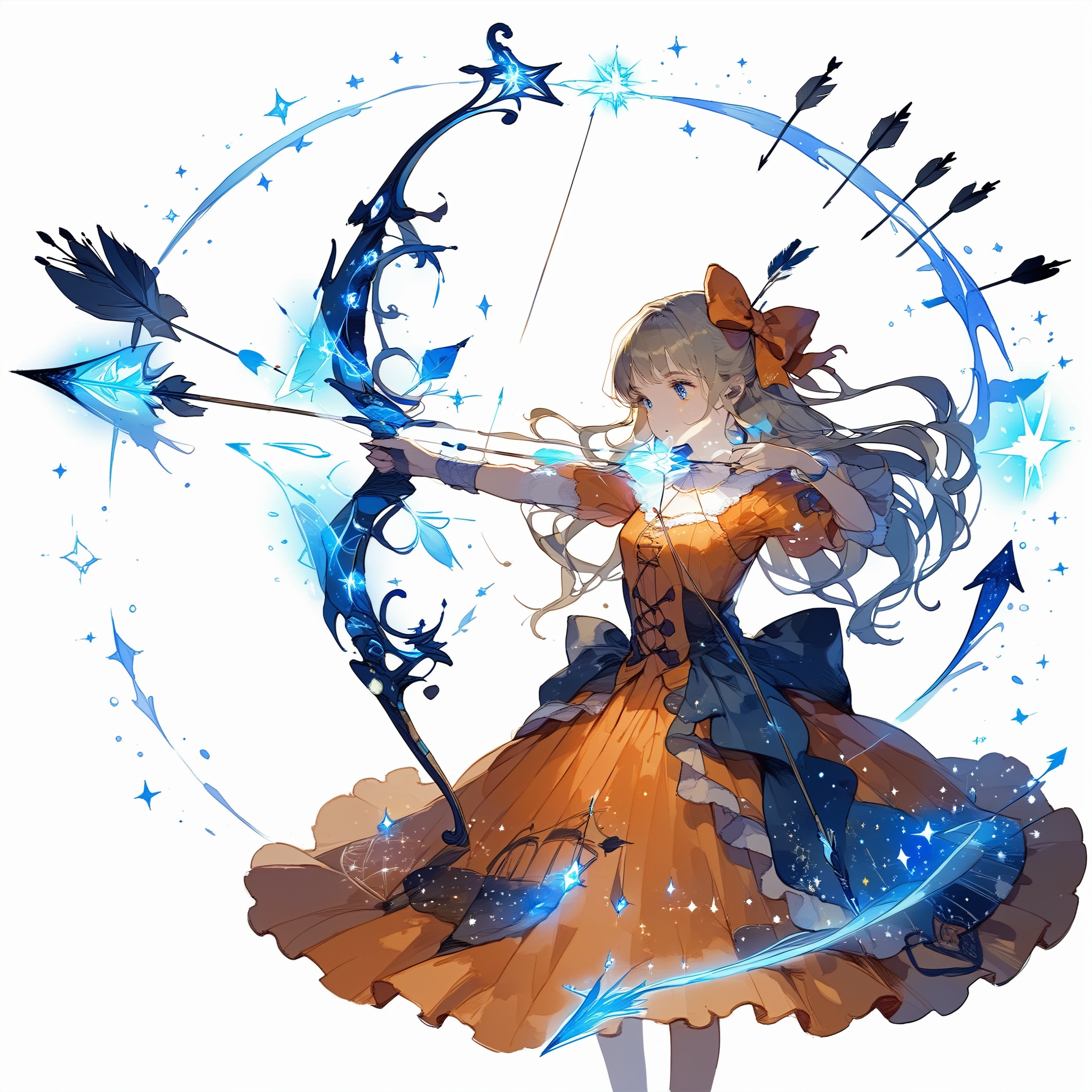 Illustration of a girl drawing a huge bow embodied by magic. The girl is staring in the direction of the arrow,  The bow i...