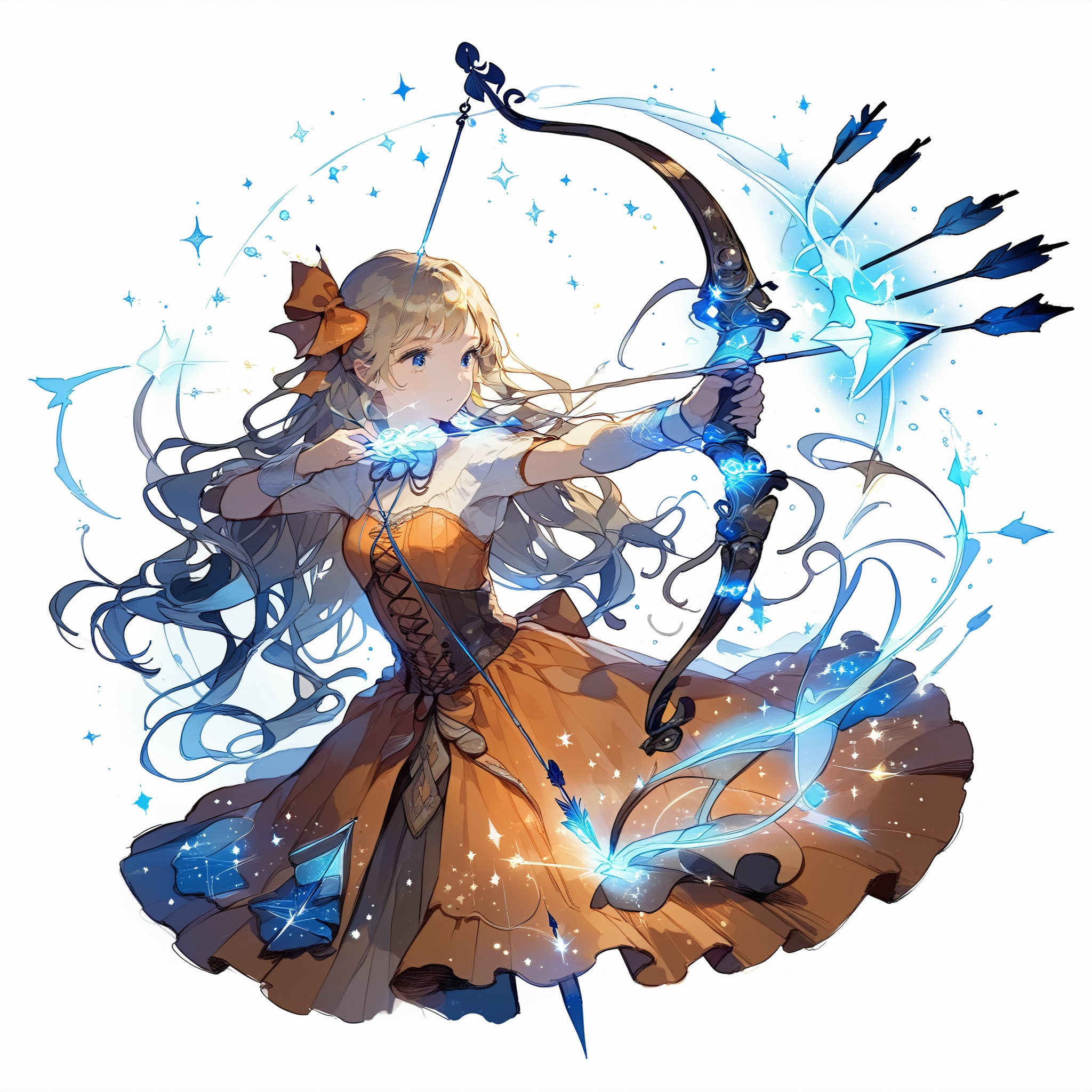 Illustration of a girl drawing a huge bow embodied by magic. The girl is staring in the direction of the arrow,  The bow i...