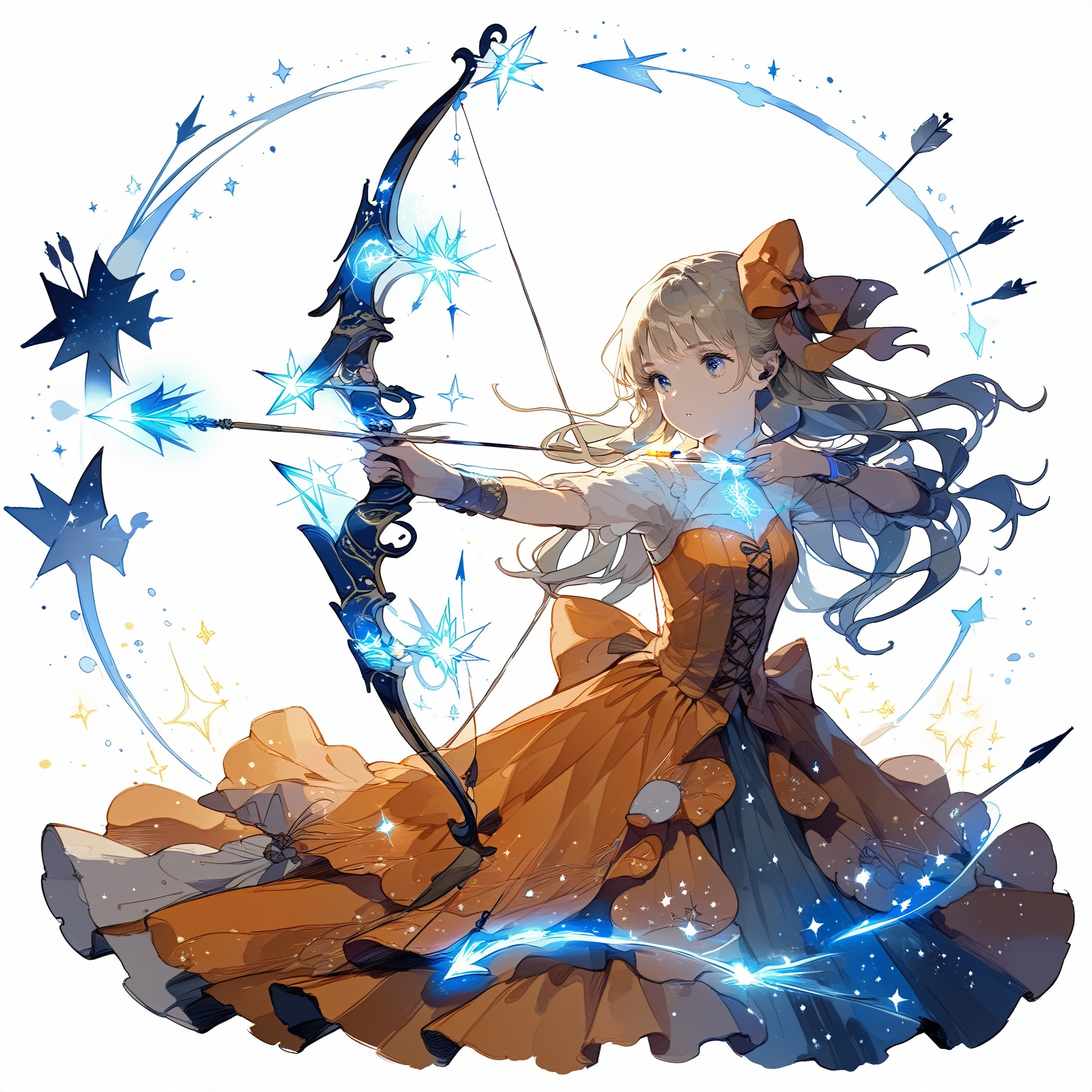 Illustration of a girl drawing a huge bow embodied by magic. The girl is staring in the direction of the arrow,  The bow i...