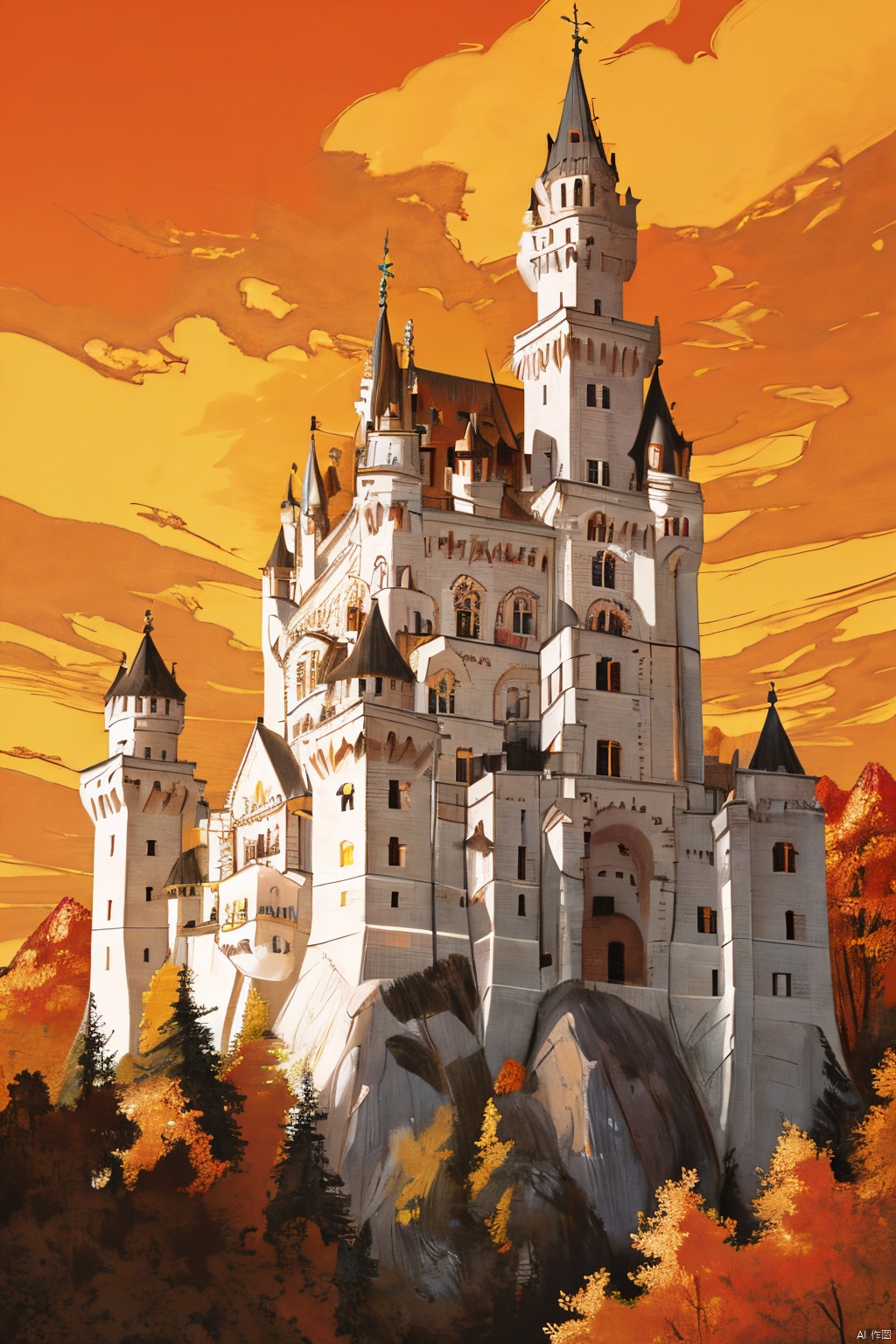 Neuschwanstein,castle,outdoors,sky,,day,yellow-red-orange cloud,tree,blue sky,no humans,building,nature,autumn