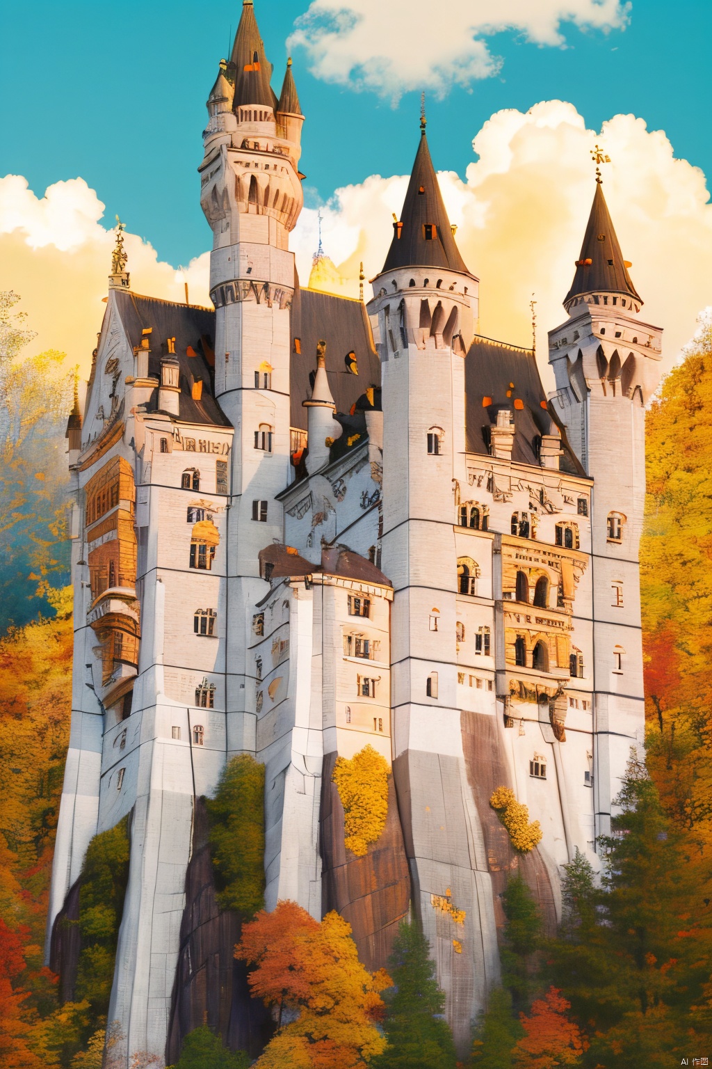 Neuschwanstein,castle,outdoors,sky,,day,yellow-red-orange cloud,tree,blue sky,no humans,building,nature,autumn