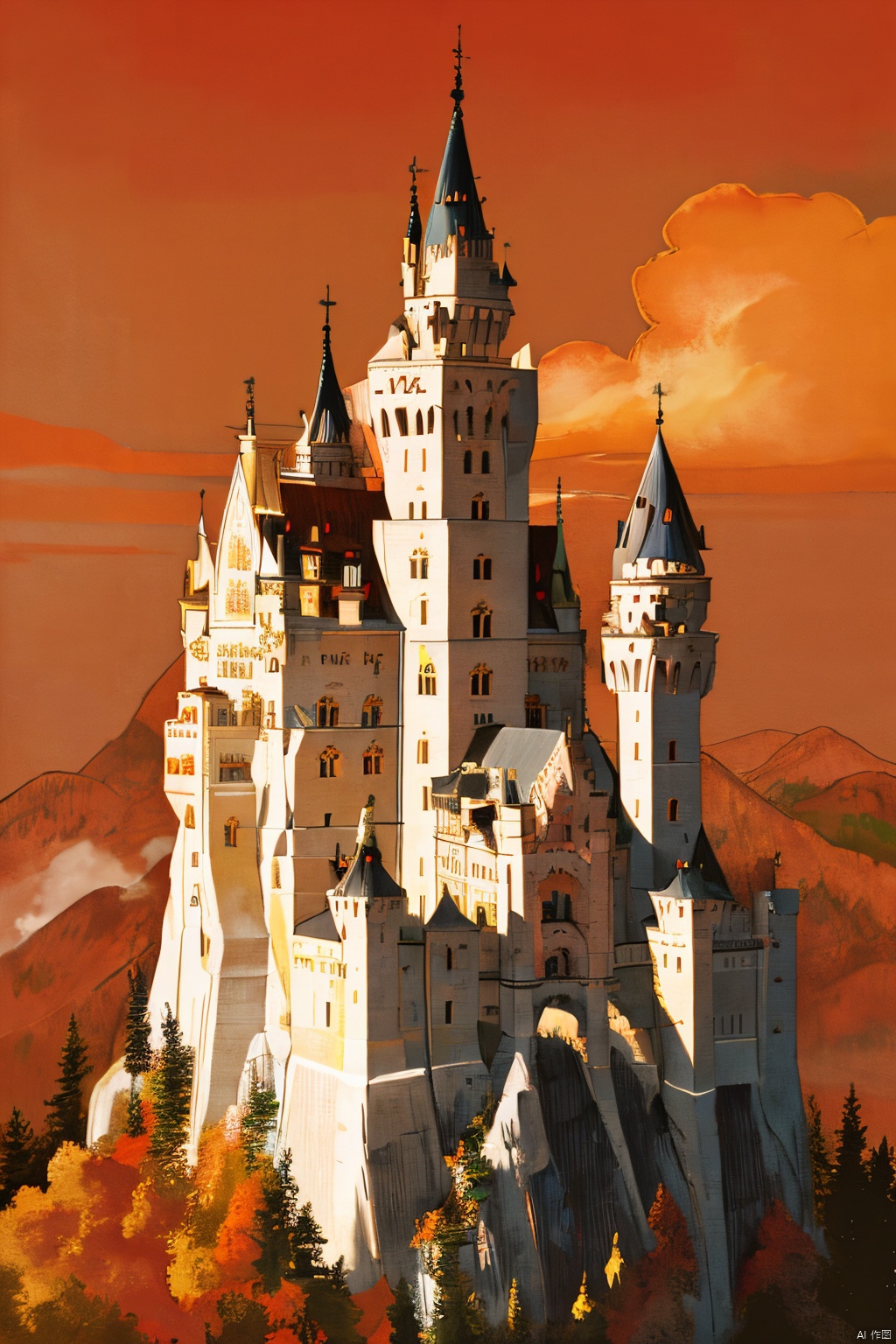 Neuschwanstein,castle,outdoors,sky,,day,yellow-red-orange cloud,tree,blue sky,no humans,building,nature,autumn