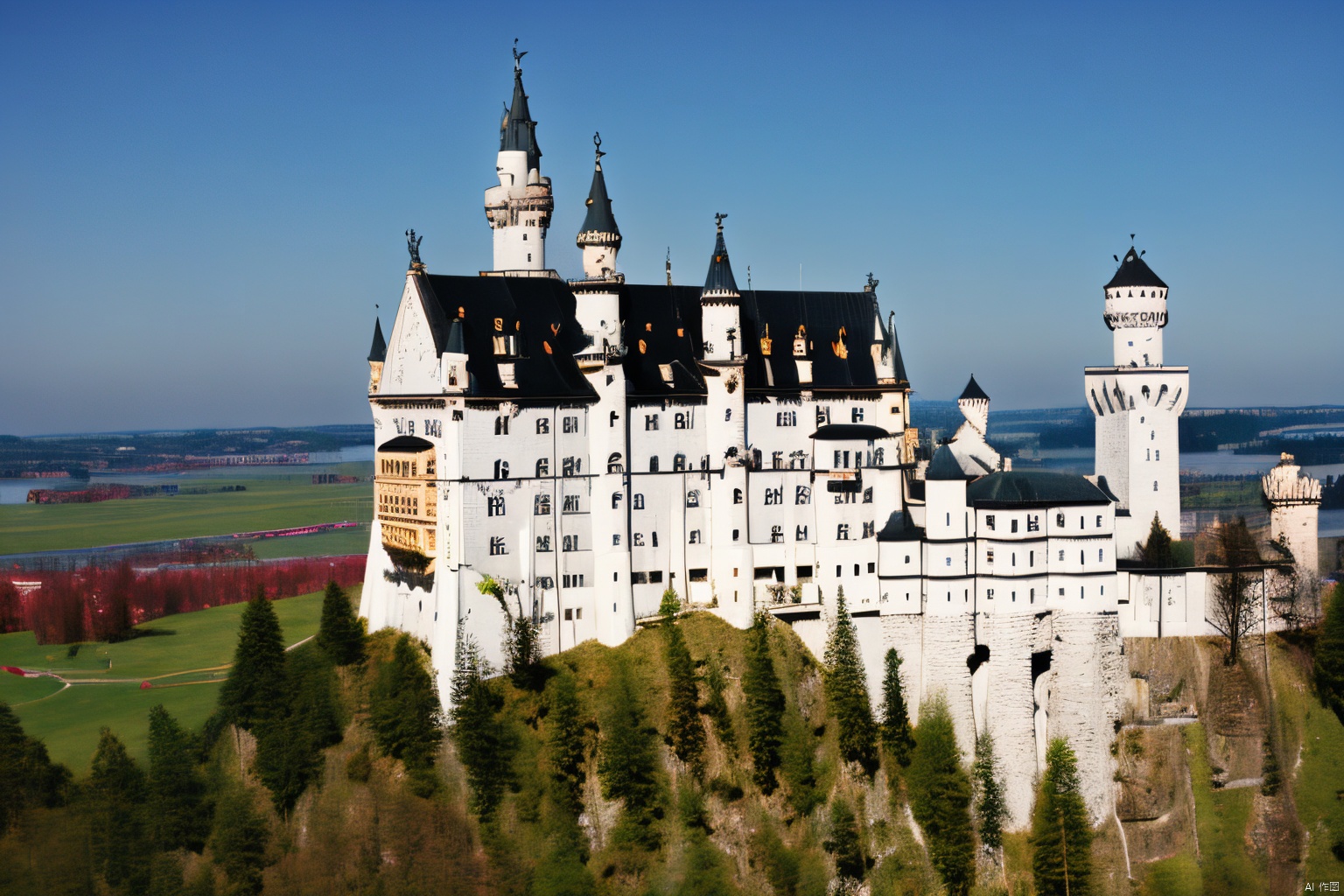 Neuschwanstein,castle,outdoors,sky,day,cloud,tree,blue sky,no humans,building,nature,spring, Light master, FANTASY