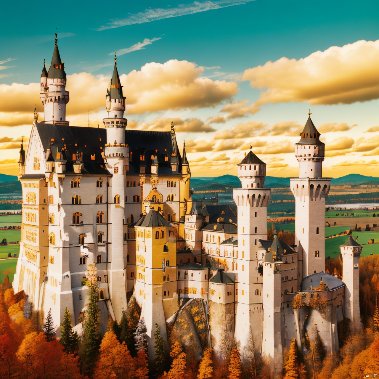 Neuschwanstein,castle,outdoors,sky,,day,yellow-red-orange cloud,tree,blue sky,no humans,building,nature,autumn, Light master, FANTASY