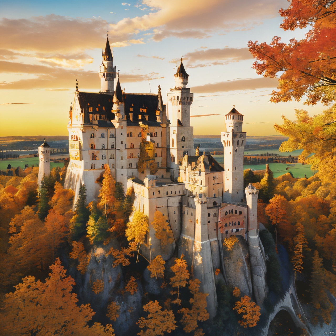 Neuschwanstein,castle,outdoors,sky,,day,yellow-red-orange cloud,tree,blue sky,no humans,building,nature,autumn, Light master